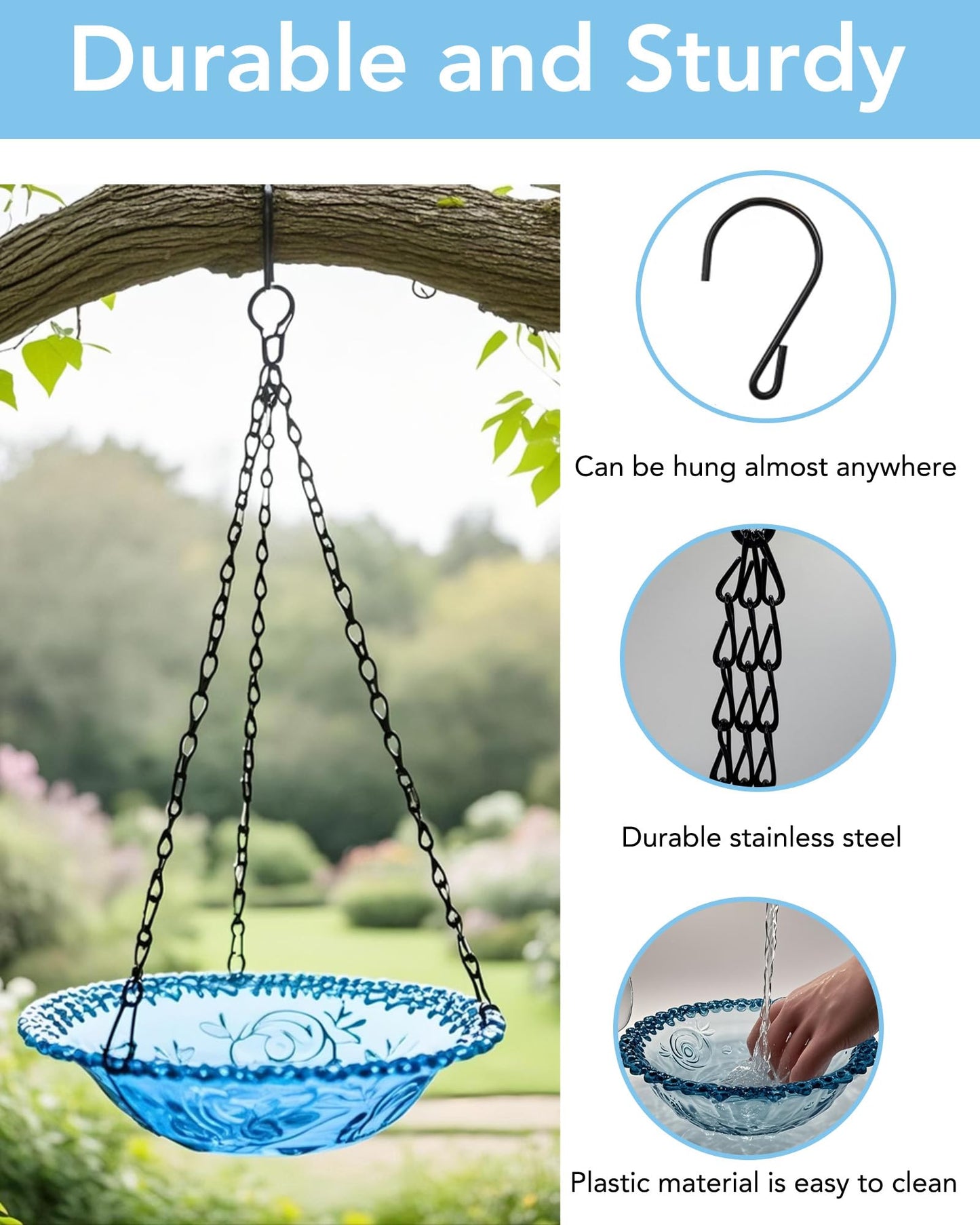 Aiqriwv 2 Pack Hanging Bird Baths and Feeders for Outdoors, Plastic Bird Bath Bowl & Hanging Feeder for Garden Yard Decor,Nature Blue