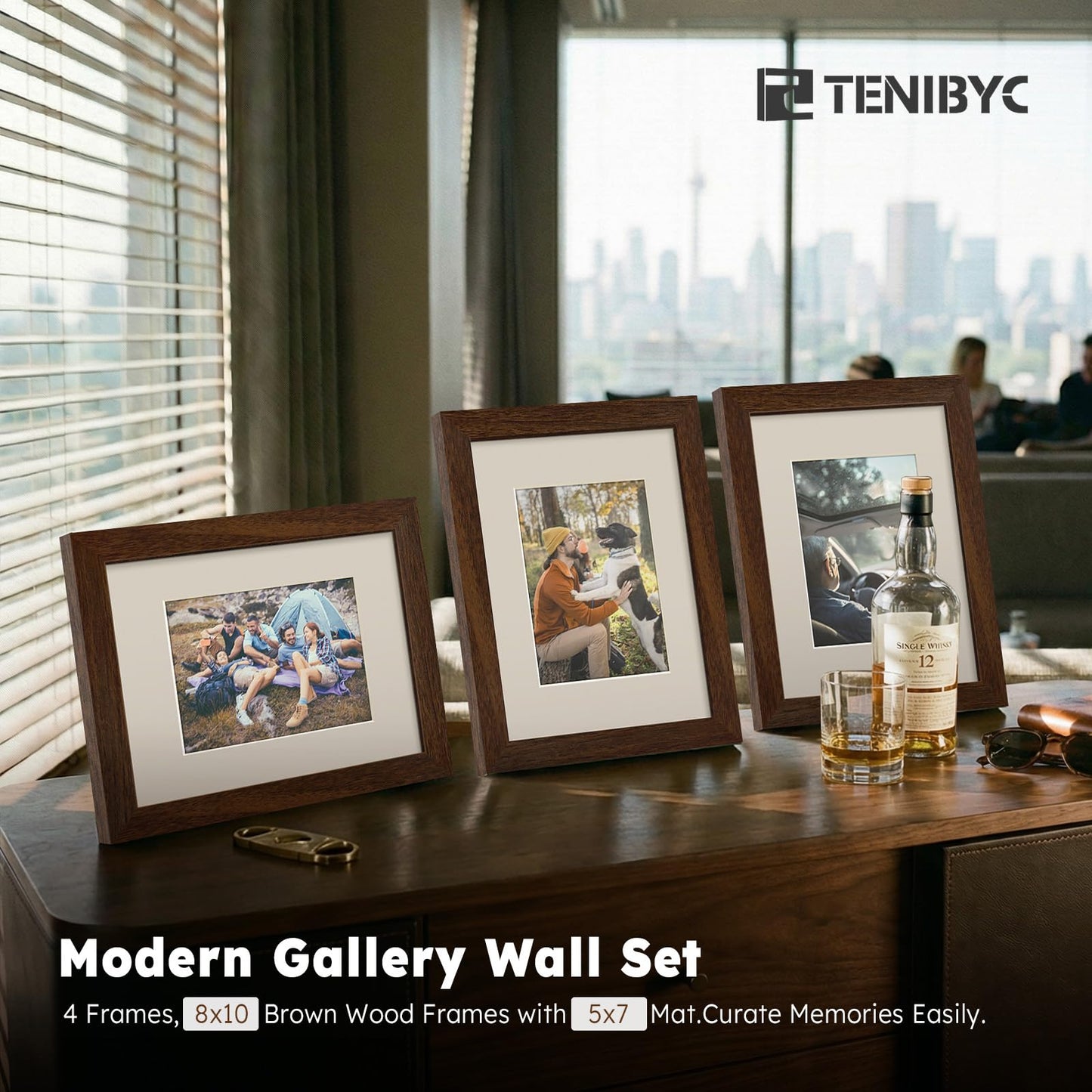 TENIBYC 8x10 Picture Frame Set - 4 Pack, Brown Solid Wood Photo Frames - Tempered Glass - Displays Photos 5x7 with Mat or 8 x 10 without - Room, Office, Gallery, and Hallway Decor - Wall Hanging