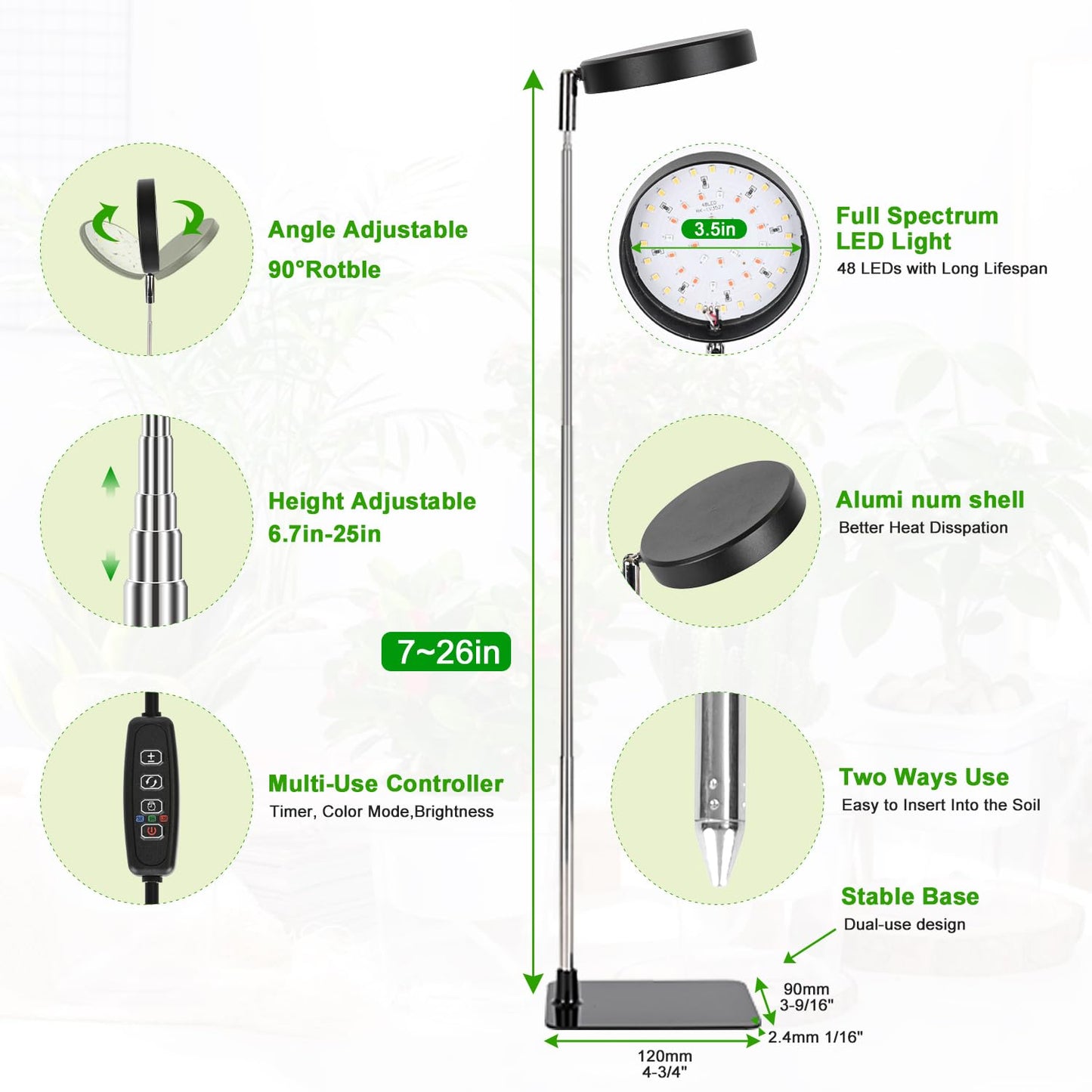 LED Grow Lights for Indoor Plants Full Spectrum, 48 LEDs Plant Light for Indoor Plants with 2 Mounting Options, 3 Optional Spectrums, 3/9/12Hrs, 10 Brightness,6.7"-26" Height Adjustable （black）