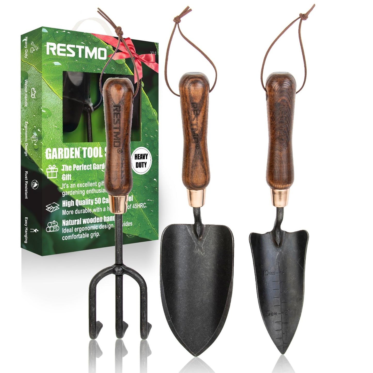 RESTMO 3-in-1 Heavy Duty Gardening Tools Kit, Premium Carbon Steel Garden Hand Tools with Ergonomic Wooden Handle Includes Trowel, Transplanter, and Cultivator, Ideal Gardening Gifts for Gardener
