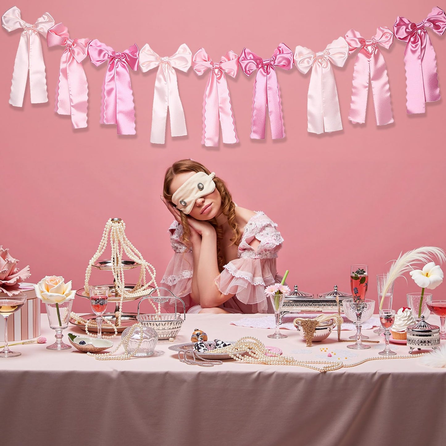 VitalCozy Pink Bow Garland Decor for Coquette Party Decorations, Pre-Strung Pink Satin Ribbon Birthday Party Garland Bow Banner for Valentine Bridal Shower Bachelorette Wedding Birthday Engagement