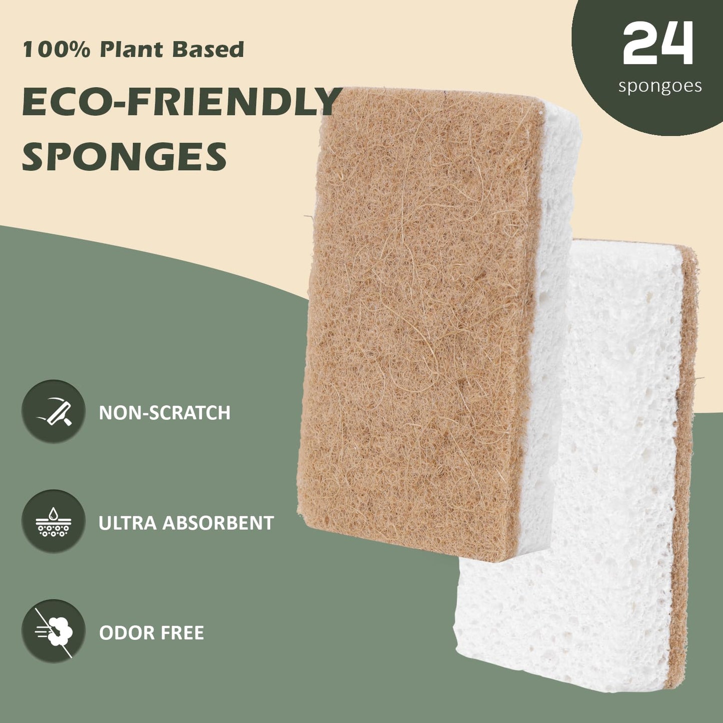 Isshah Plant-Based Kitchen Sponges - Natural, Eco-Friendly, Biodegradable Sisal Hemp Sponges for Dishes, Cleaning Sponge for Kitchen, Bathroom, Household - 24 Count