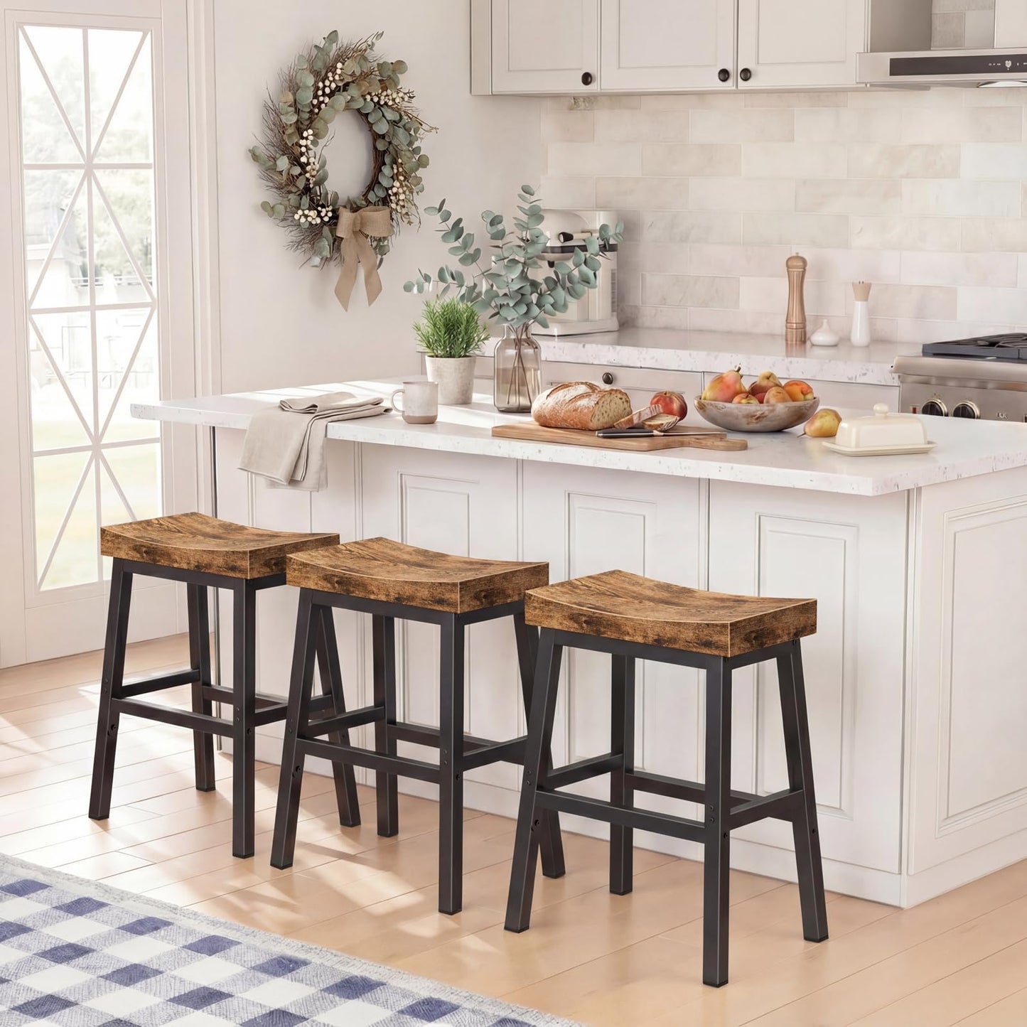 WINAZ Rustic Bar Stools, 24 Inch Barstools, Counter Height Stools with Footrest, Wooden Stool for Kitchen Island, Heavy Duty Backless Chair for Dining Table Farmhouse Outdoor 1 PC