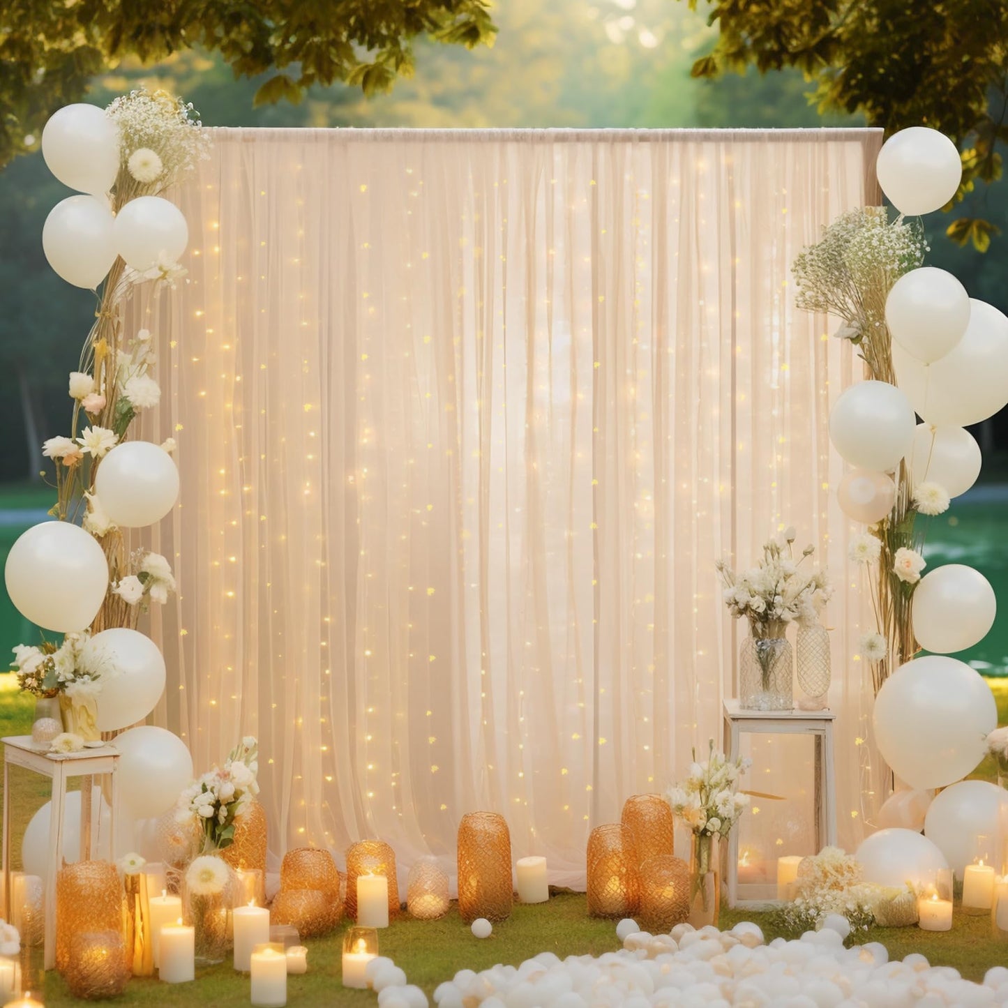 10x10ft Champagne Tulle Backdrop Curtain with Lights String for Parites, Sheer Photo Backdrop Curtains for Wedding Ceremony Bridal Shower Baby Shower Birthday Party Photo Shoot Background Decorations