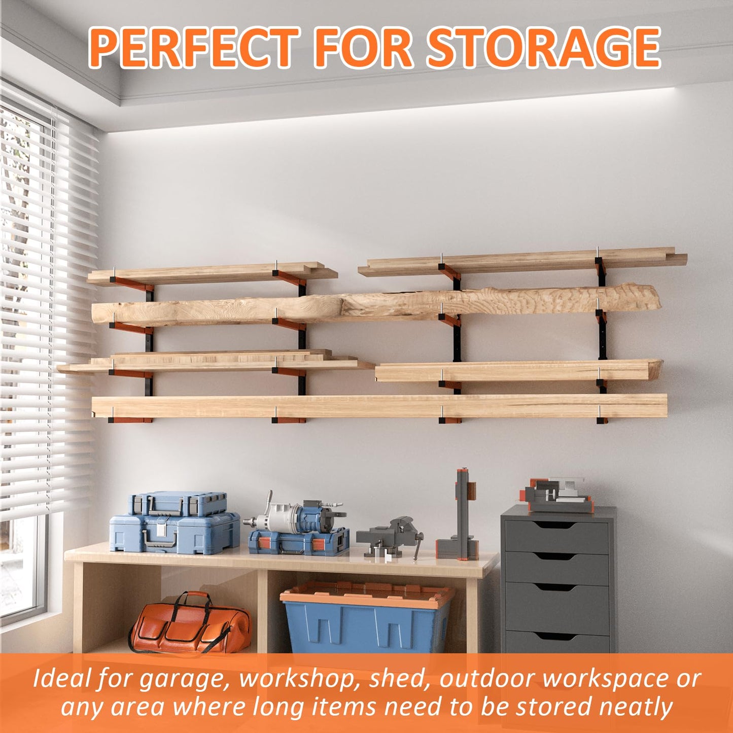 Mogbhw 4 Pack Lumber Storage Rack, Wall Mount Removable & Adjustable Lumber Rack with 8-Level Holds Up 1040 Lbs, Heavy Duty Metal Garage Wood Rack for Workshop, Basement, Indoor and Outdoor