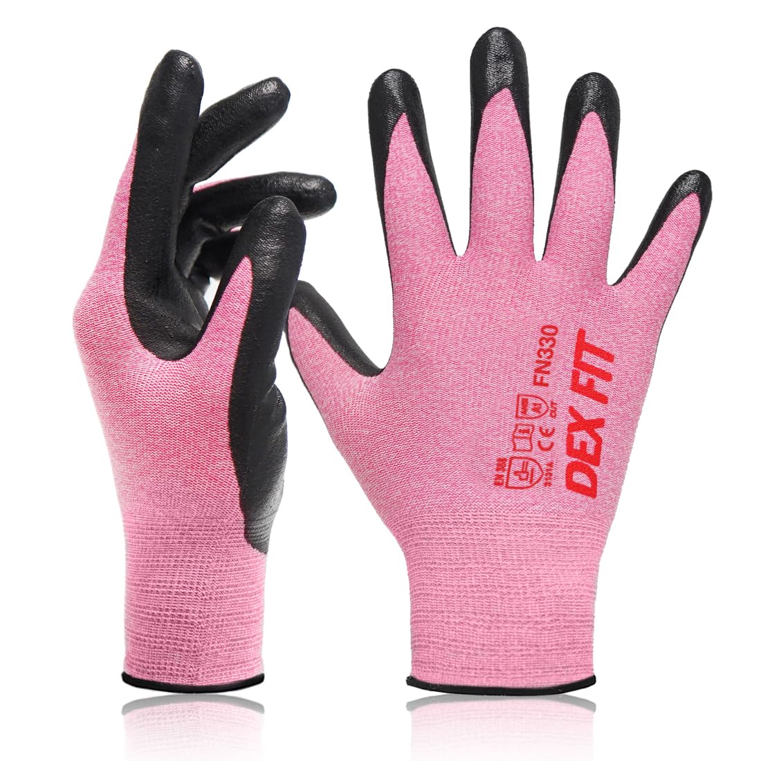 DEX FIT Nitrile Work Gloves FN330, 3 Pairs, 3D-Comfort Stretchy Fit, Firm Grip, Thin & Lightweight, Touch-Screen Compatible, Durable, Breathable & Cool, Machine Washable; Pink XL (10)
