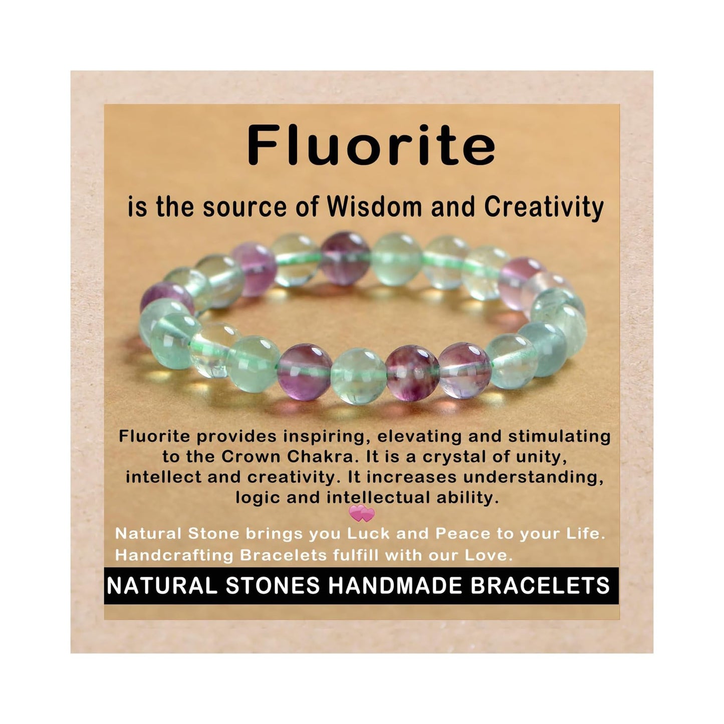 AD Beads Handmade Gemstone Stretch Elastic Bracelet Crystal Healing Reiki Nature's Beauty and Spiritual Essence Unisex (8mm, Fluorite)