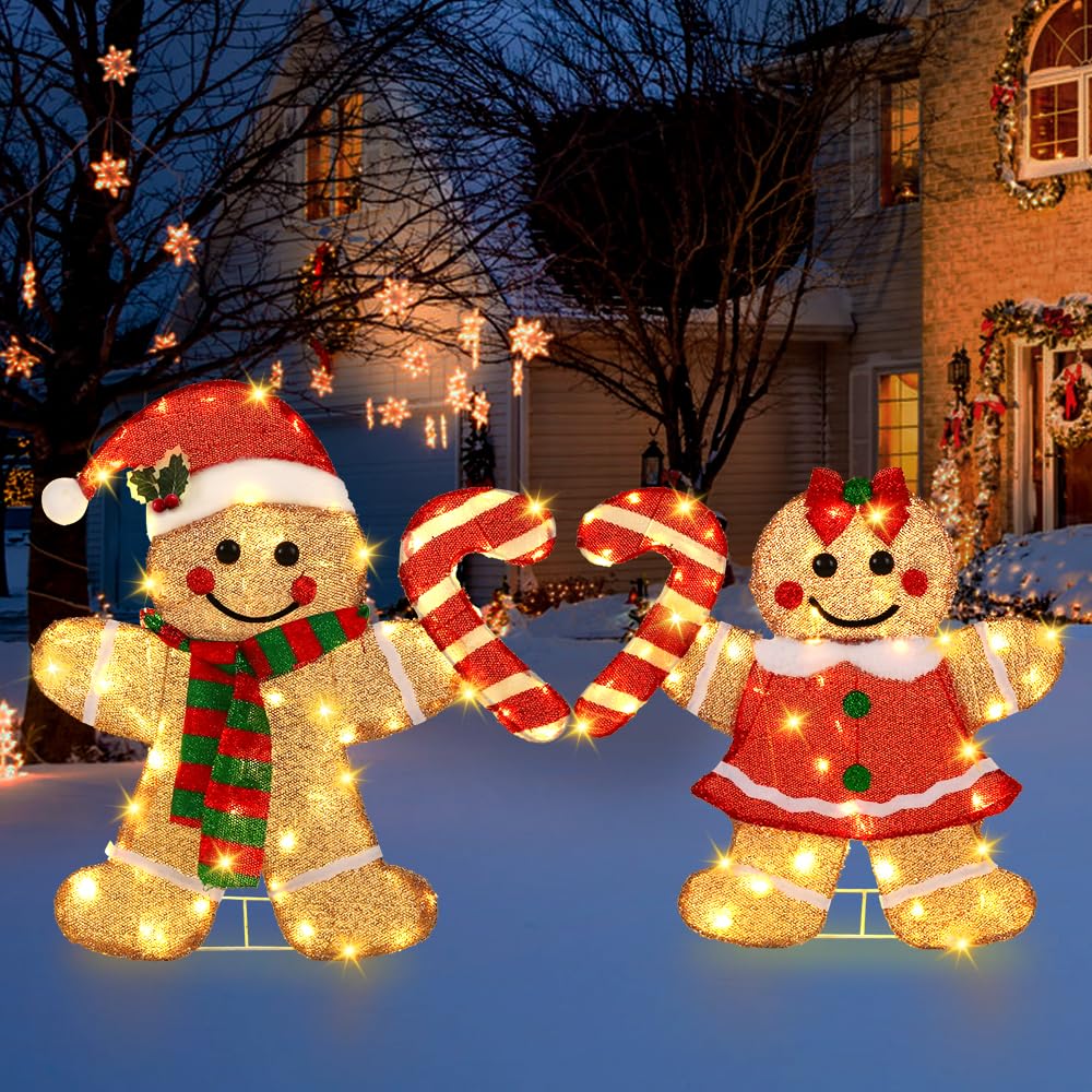 DULEFUN 22.5’’ Lighted Christmas Yard Decoration 2pcs Light Up Gingerbread Man Couple Christmas Outdoor Decorations Sign Waterproof for Xmas Winter Holiday Garden Lawn Outside Indoor Decor Display