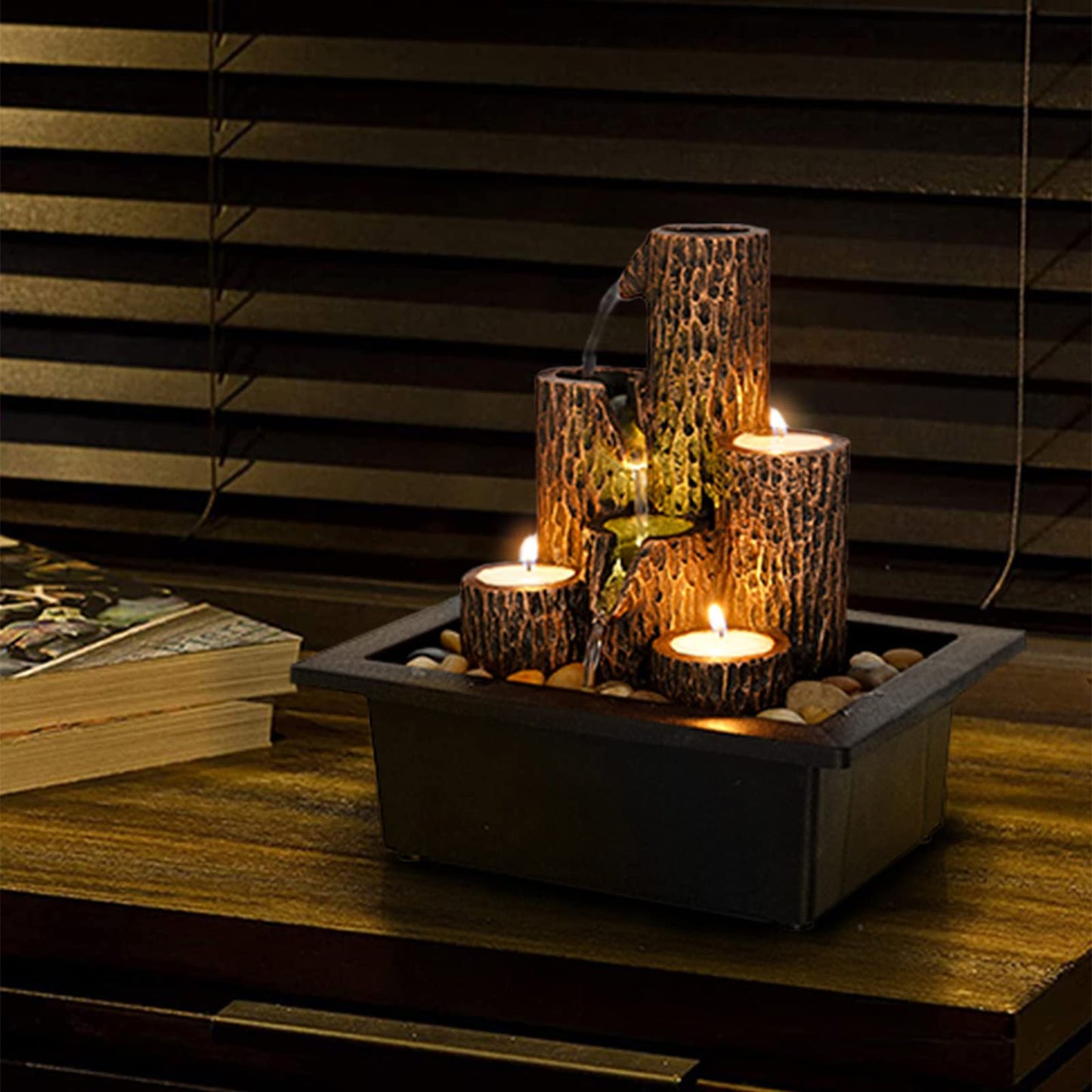 Tabletop Fountains Rock Waterfall Fountain with Rotating Ball and LED Lights, Water Feature Includes Natural River Rocks for Home Office Decor (C)