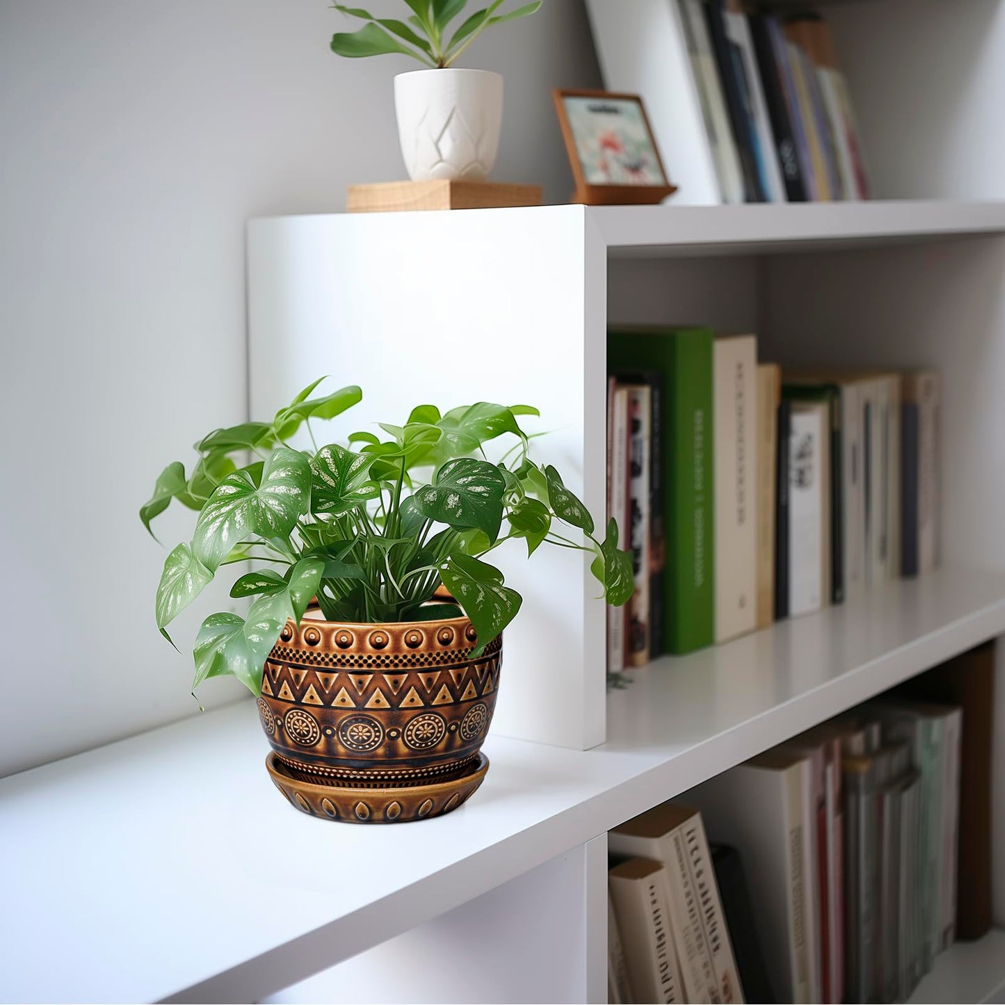 G EPGardening Ceramic Pot for Plants 5.5 Inch - Ceramic Plant Pot with Drainage Hole and Saucer, Boho Round Planter for Indoor Outdoor Plants, Plant Lover Gifts, Office Garden House Decor, Brown