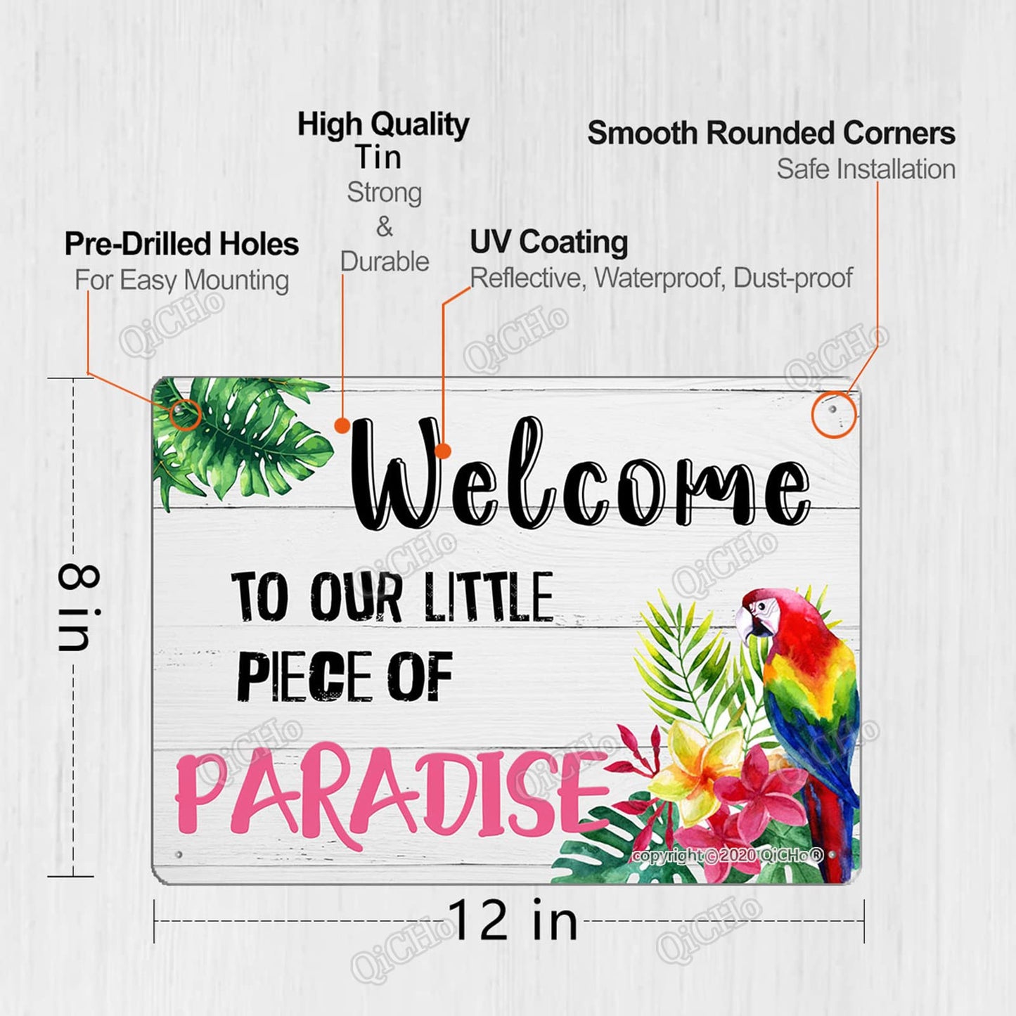 QiCHo Welcome To Our Little Paradise Sign, 8"X12" All Weather Metal Sign, Outdoor Pool Sign, Fun Wall Decoration