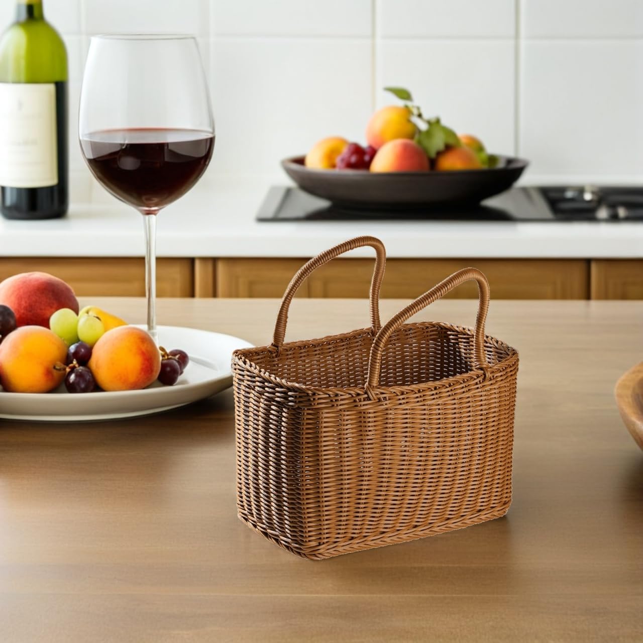 IMIKEYA Plastic Woven Picnic Basket with Handle - Woven Shopping Basket 14.7x7.7x6.7 Inch Store Container for Fruits Food Flowers Bread Organizer