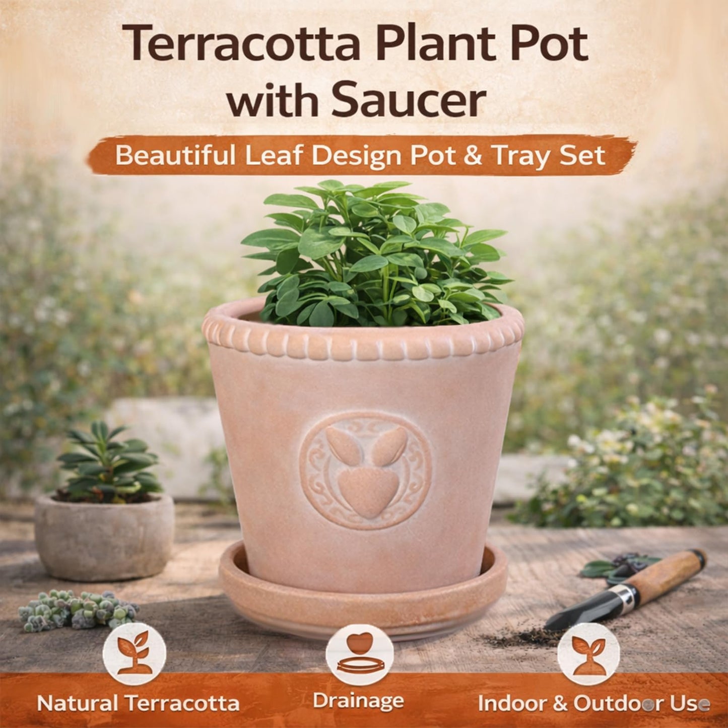 FREEMOON Color-Changing Terracotta Plant Pot with Saucer, Natural Clay Planter with Drainage Hole, Visual Watering Reminder (All-Natural), Retro Rabbit Head Pattern for Indoor/Outdoor Plants, 6 Inch