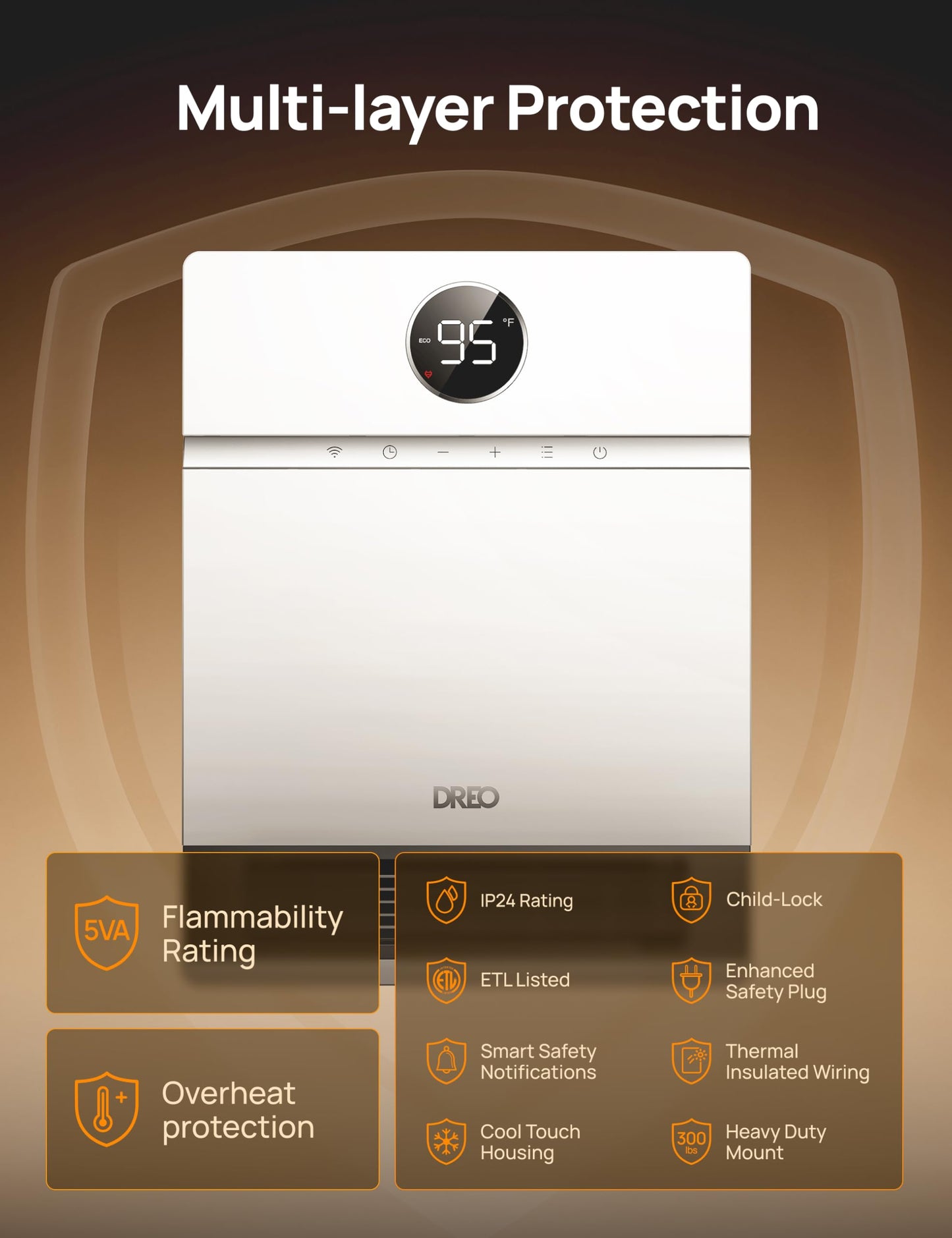 DREO Smart Wall Heater, IP24 Electric PTC Space Heaters for Indoor Use, 30° Oscillation, Adjustable Thermostat, Remote Control, Works with Alexa, 24H Timer, Easy-mounted for Office, Bedroom, Home