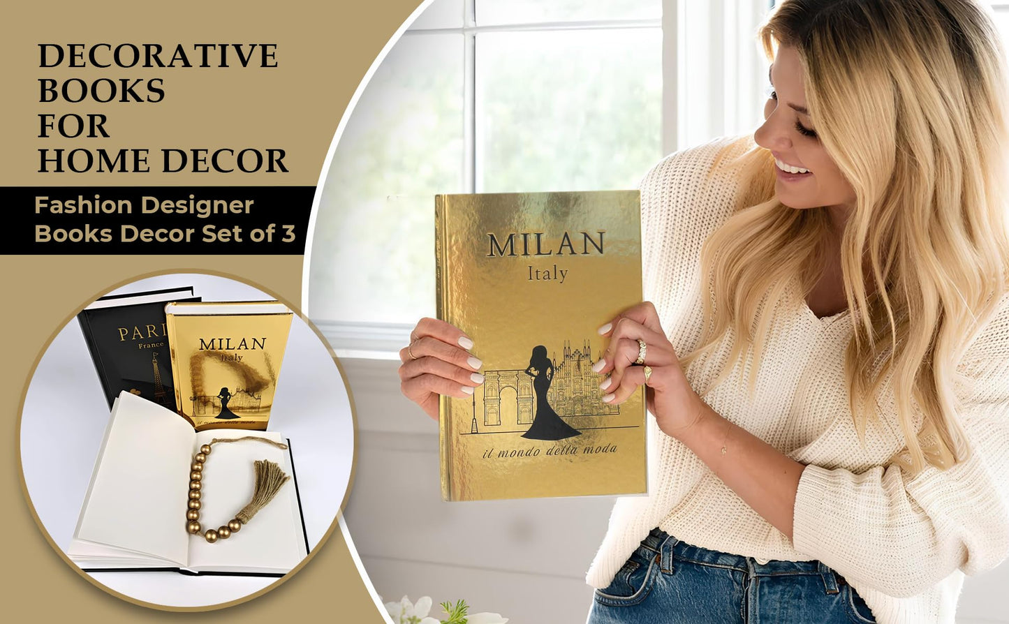 SIMPLIFY ASTHETIC - Decorative Books Set of 3 with Golden Garland Bead - Decorative Books for Coffee Table, Home Decor - Designer Books Decor Set - Faux Books for Bookshelf