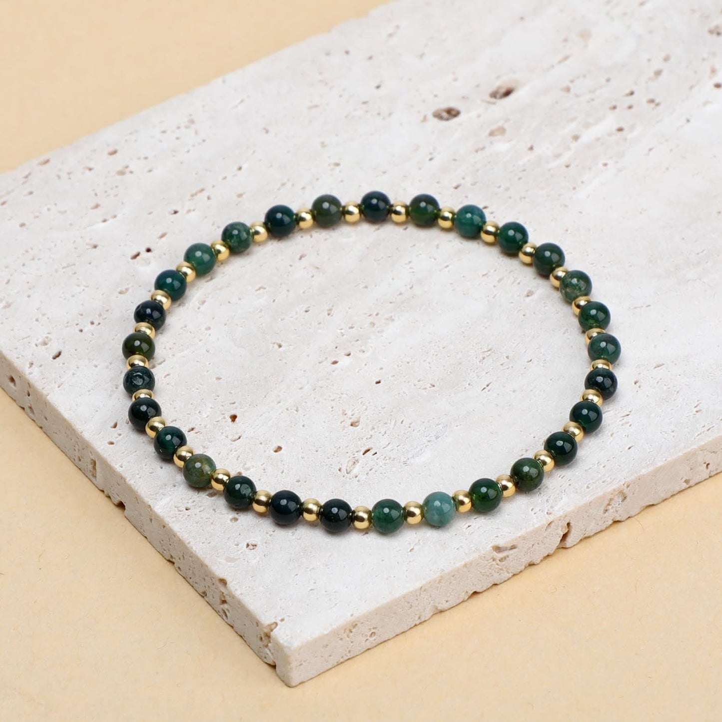 QOGIR Moss Agate - Stone of Optimistic - 14K Gold Plated Beads Natural Gemstone Stretch Elastic Dainty Healing Beaded Bracelets Gifts 4mm