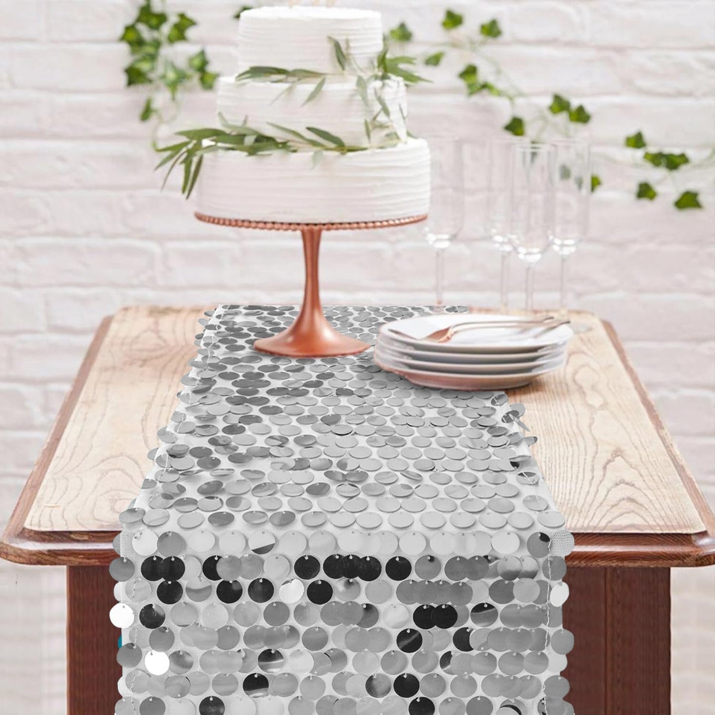 Yblut 12 x 108 Inch Silver Sequin Table Runner Glitter Rectangle Big Sequin Table Runner for Wedding Party Birthday Christmas Halloween Decoration (1 Pack)