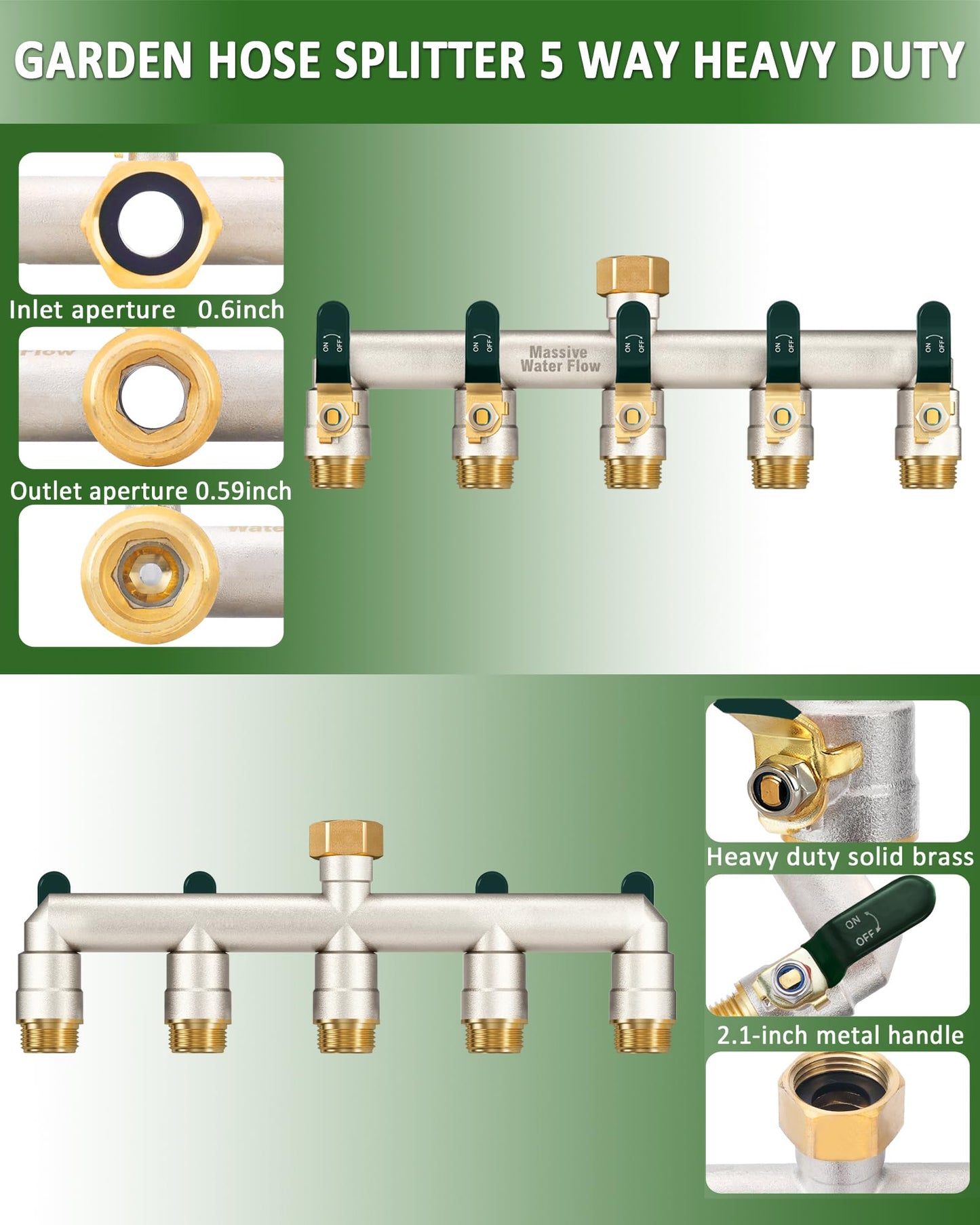 5 Way Hose Splitter, Heavy Duty Full Flow Garden Hose Splitter with 4 Large Metal Handles, Brass Water Hose Bib Splitter, T Adapter Connector with 3/4 - Inch GHT Thread (Green)