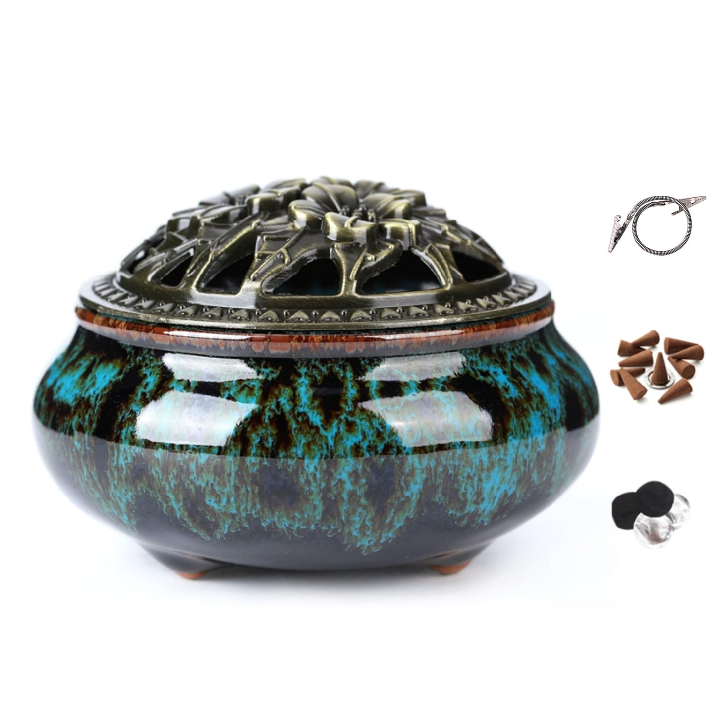 LamDawn Censer Sky Blue Incense Burner with Calabash Incense Stick Holder - Porcelain Charcoal Censer for Use with Resin Granular Powder Cone or Coil Incense (Blue Fambe)