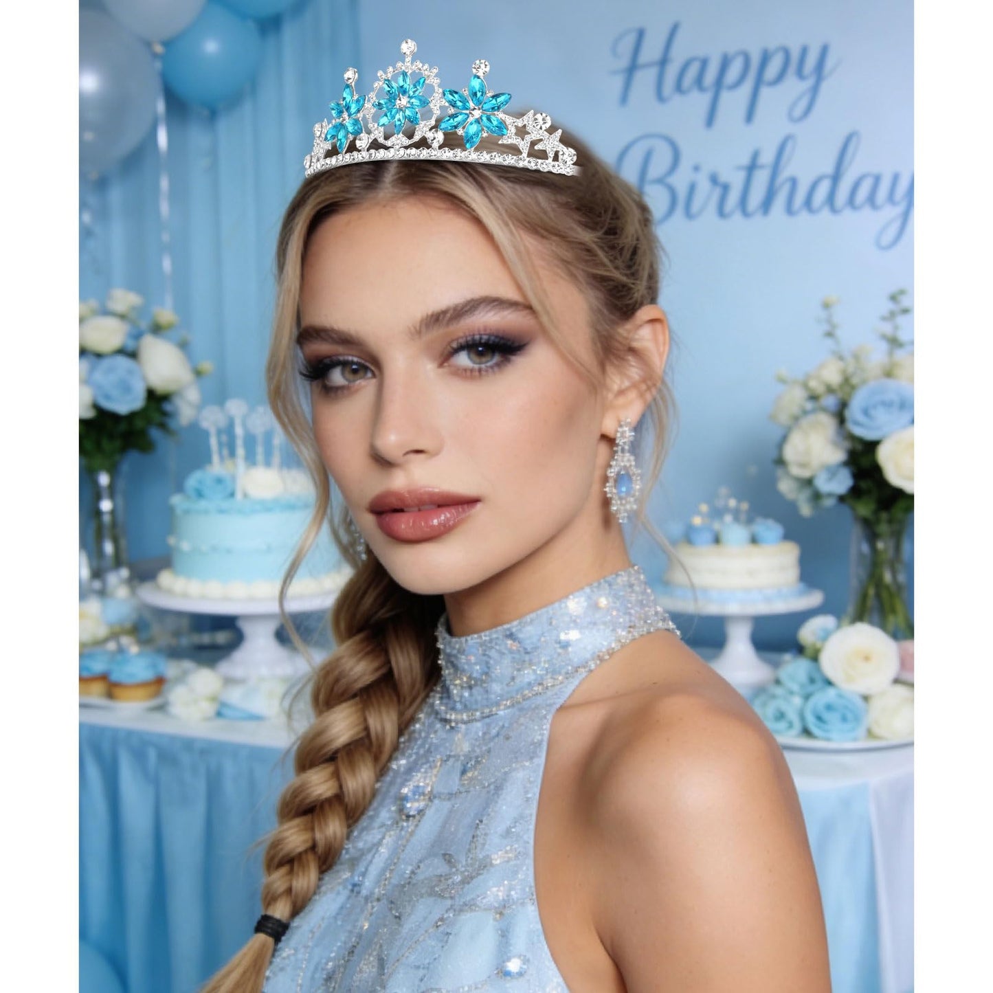 YISSION Snowflake Tiara Headband & Birthday Sash Set - Sparkling Ice Theme Party Accessories - Celebration Crown & Glitter Sash for Festive
