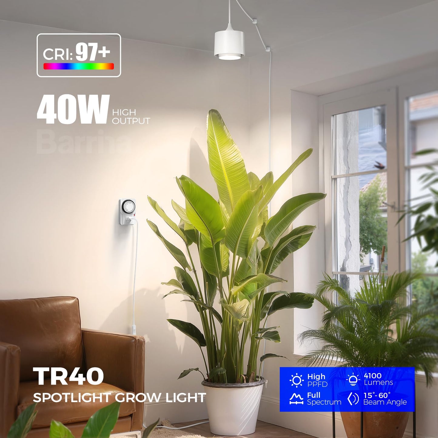 Barrina TR40 Hanging Grow Lights for Indoor Plants, 40W 4000K Full Spectrum, Adjustable Beam Angle 15°-60°, Hanging Grow Light with Mechanical Timer and 16.4FT Power Cord, for Garden Greenhouse, White