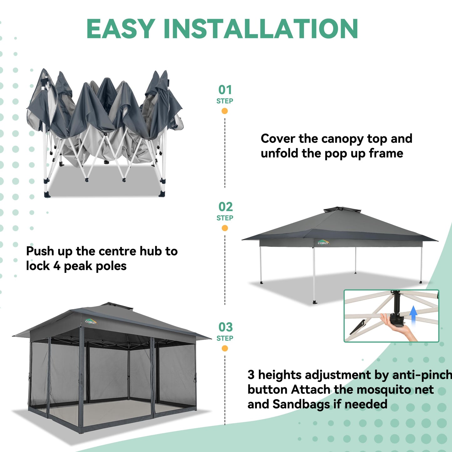 COBIZI 12x12 FT Pop up Gazebo on Clearance Outdoor pop up Canopy Tent,carpas para Patio, Shelter Tents with Netting & Portable Carry Bag, Patio Gazebos for Camping, Garden & Lawn, Darkgrey(Upgraded)