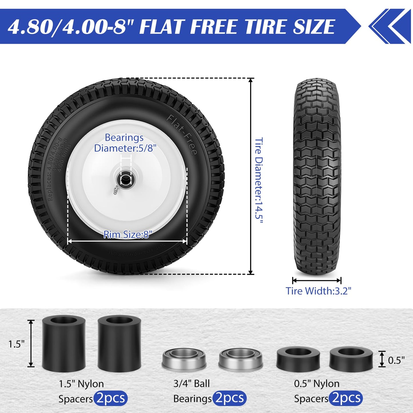 4.80/4.00-8 Tire, 14.5" Flat-free Solid Tire Wheels with 5/8" Axle Bore Hole, 3-7" Centered Hub, Universal Fit 4.80/4.00-8, 3.50/3.00-8, 4.00-6 Wheelbarrow Wheels(White, 1 Pack)