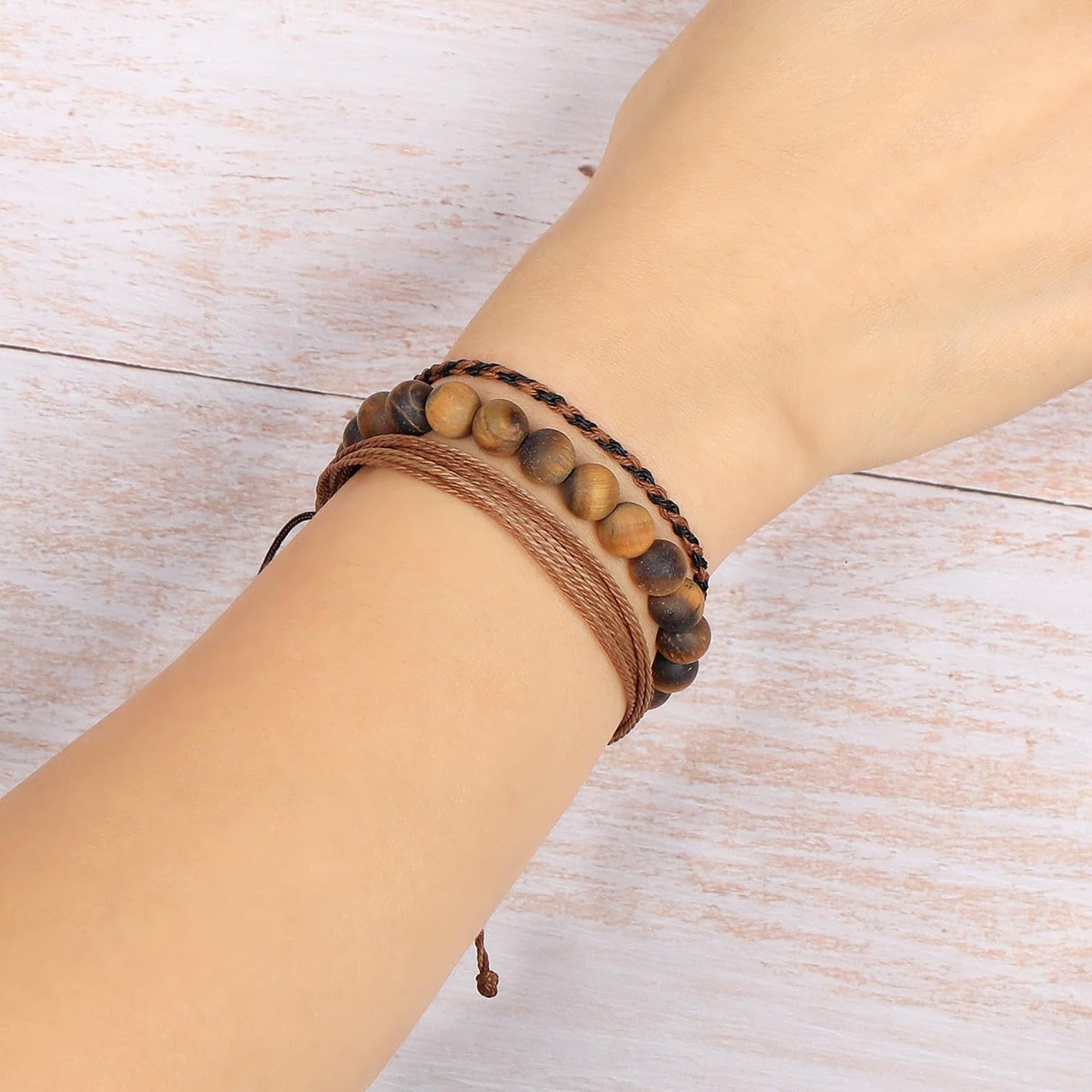 QOGIR Handmade Healing Bracelets,8mm Natural Matte Yellow Tiger Eye Gem Stone Beads Bracelet, for Men Women Gifts with 2PCS Size Adjustable Rope Bracelets
