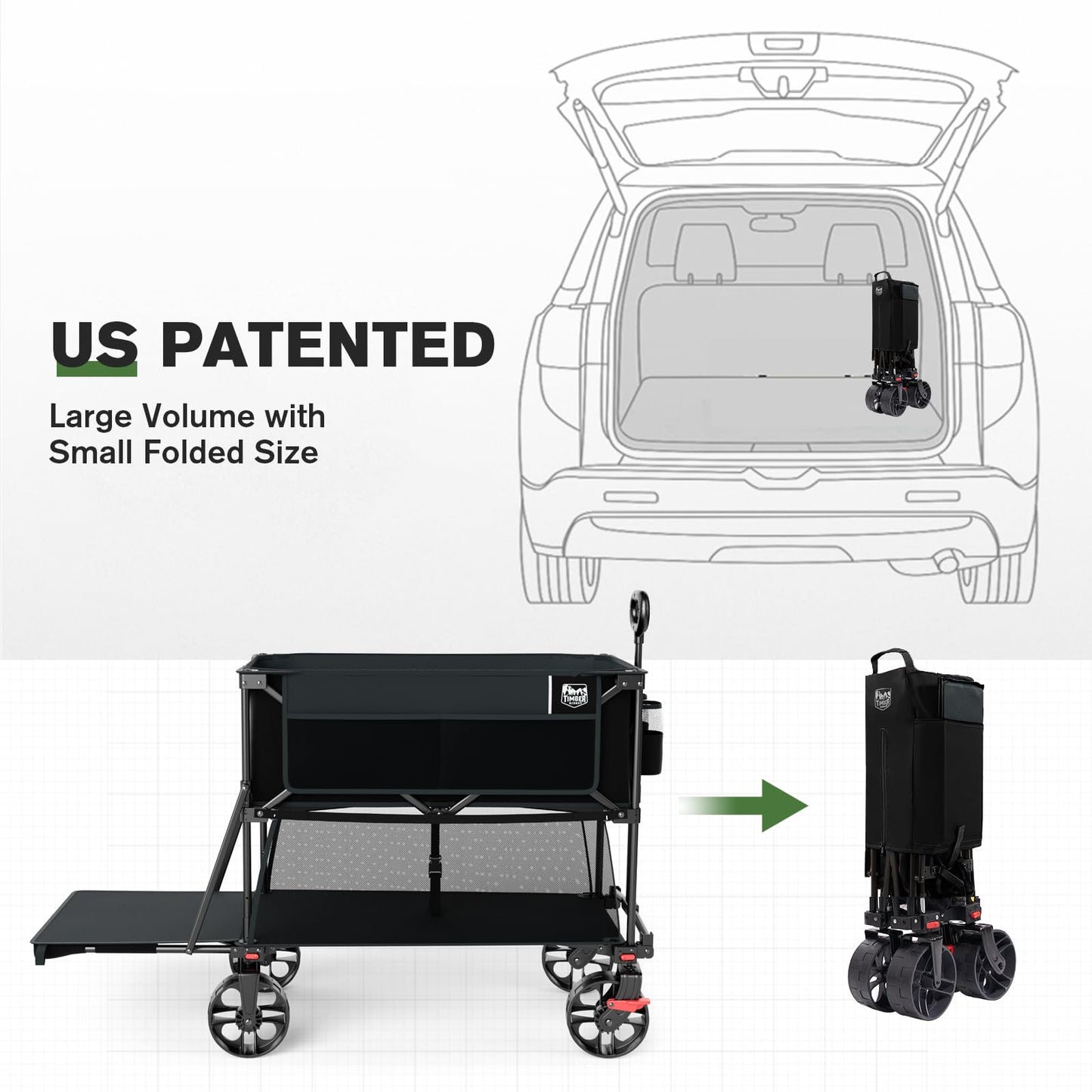 TIMBER RIDGE 400L Large Capacity Folding Double Decker Wagon with Brakes, 54" Extra Long Extender Wagon Cart, 450lbs Heavy Duty Collapsible Cart, All-Terrain Big Wheels for Camping, Sports, Shopping
