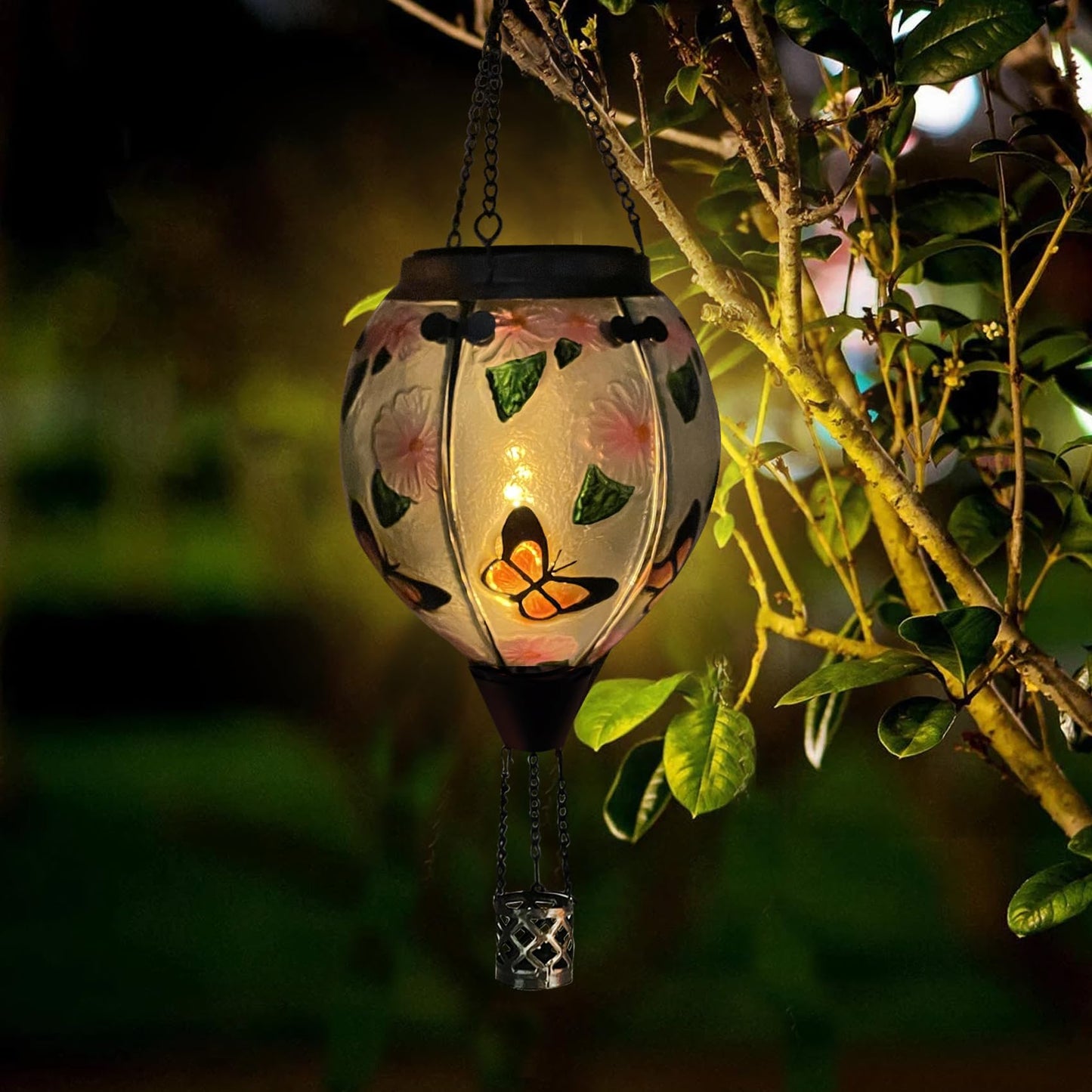TEYIGARDEN Hot Air Balloon Solar Lantern with Flickering Flame, Glass Hanging Garden Lights Outdoor Waterproof for Tree Yard Patio Mother's Day Gift, 18" H Butterfly