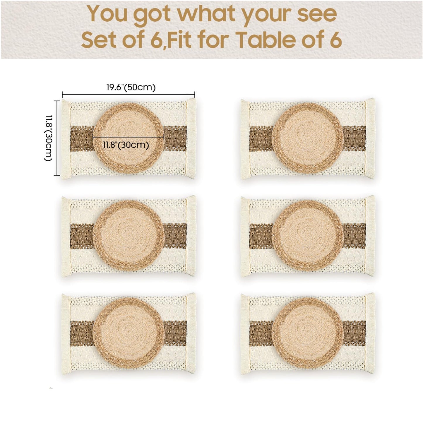 Zology Handmade Boho Placemats Set of 6 - Natural Cotton Burlap and Water Straw Woven Combination Table Mats, Macrame Décor and Farmhouse Style Placemats, for Dining Table Kitchen