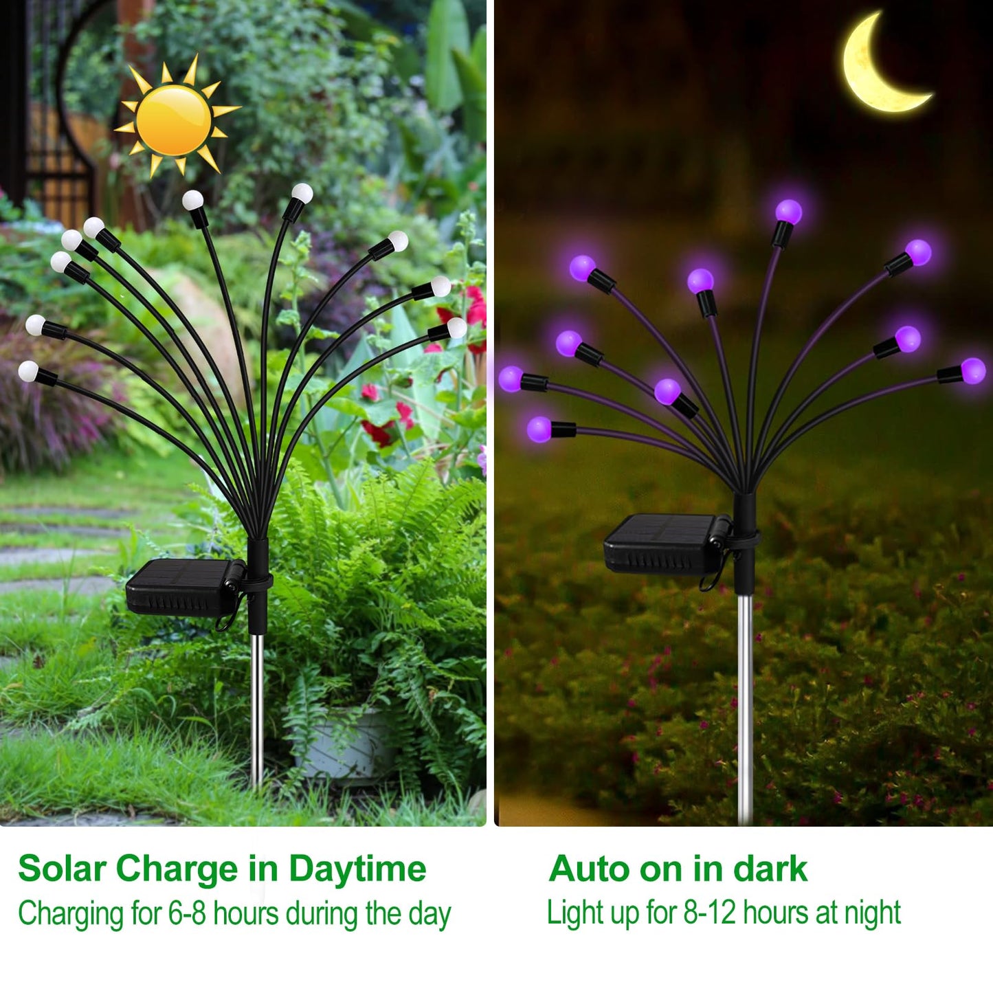 Solar Garden Lights Outdoor, 2 Pack 16 LED Solar Purple Firefly Lights Waterproof, Starburst Wind Swaying Light for Outside Yard Patio Planter Flower Bed Walkway Halloween Christmas Decoration