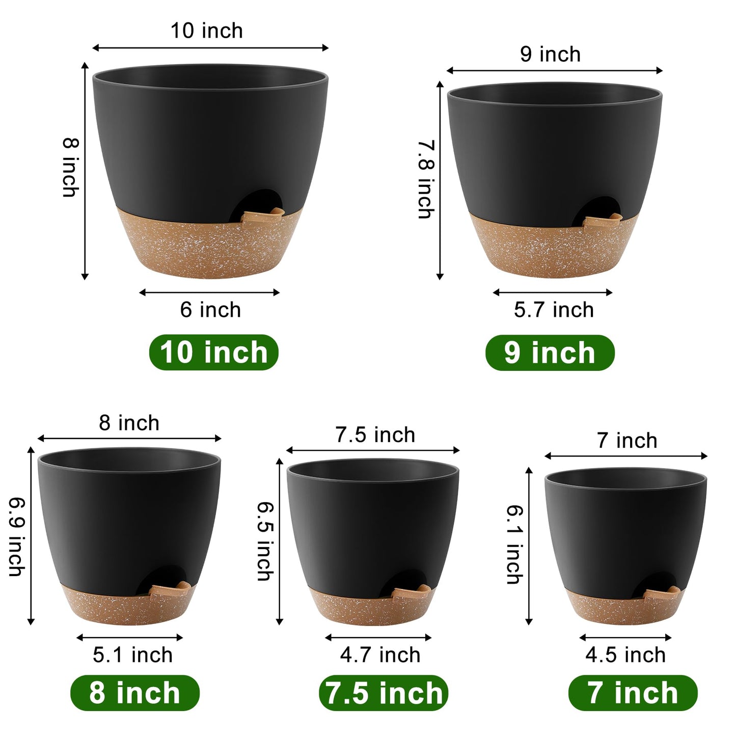 Plant Pots 10/9/8/7.5/7 Inch Self Watering Pots, Set of 5 Plastic Planters with Drainage Holes and Saucers,Plastic Flower Pots,Nursery Planting Pot for Indoor Out Door Plants(Black Brown)