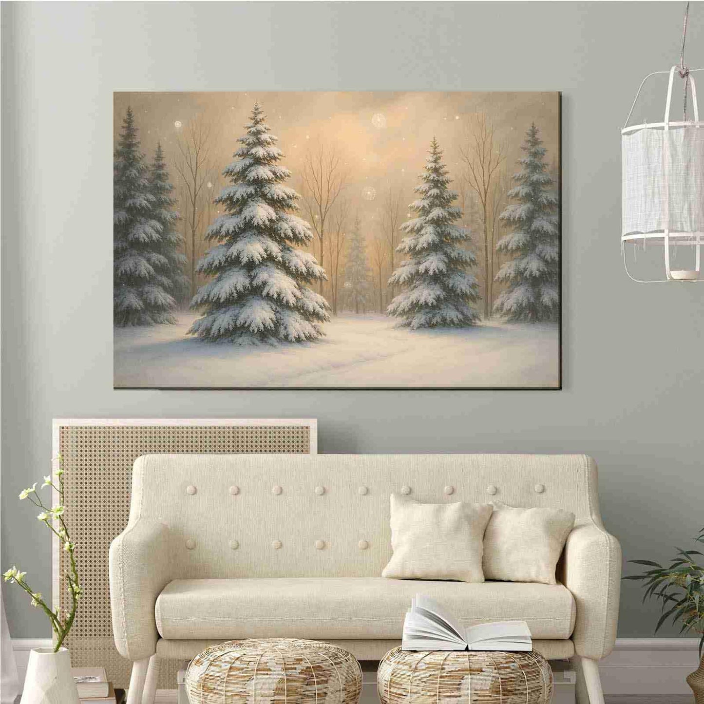 Framed Canvas Wall Art Vintage Winter Christmas Trees Landscape Poster Farmhouse Christmas Neutral Snowy Painting Holiday Evergreen Art 28x40in Wood Framed
