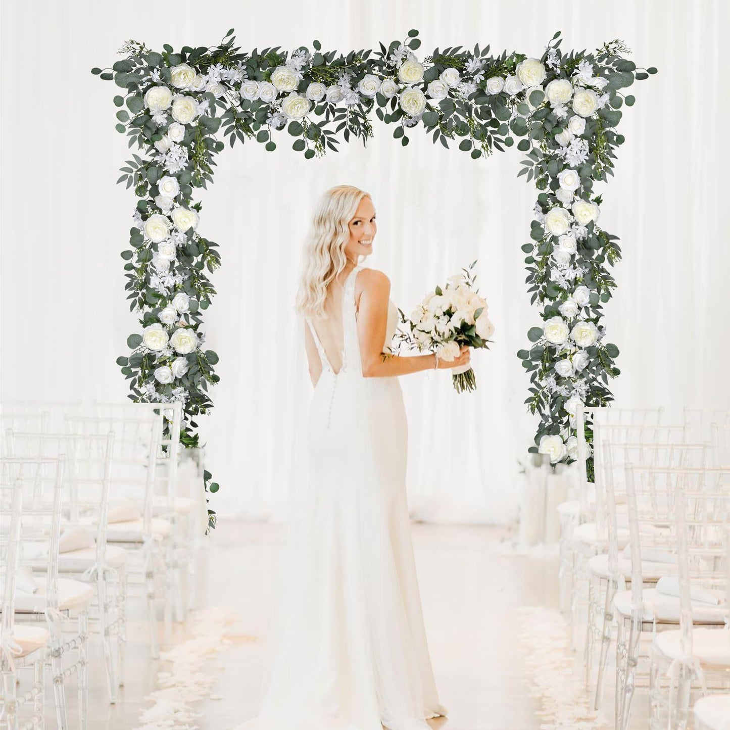 DearHouse 2Pcs Artificial Peony Flower Garland and - Silk Peony Garland with Flowers and Eucalyptus for Wedding Party Table Decoration,6ft/Strand (White)