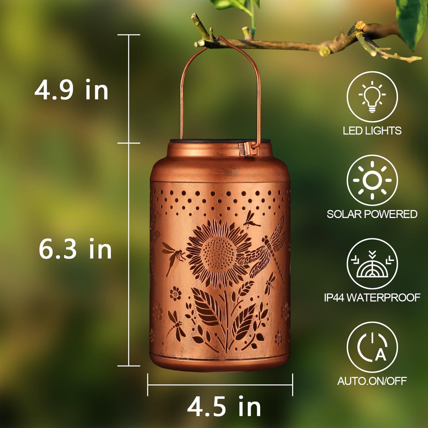 Solar Lanterns Outdoor Waterproof Hummingbird Garden Decor Christmas Gifts for Women Mom Grandma Hanging Lights Metal Decoration Outside for Yard, Patio,Backyard,Porch(Dragonfly and Sunflower)