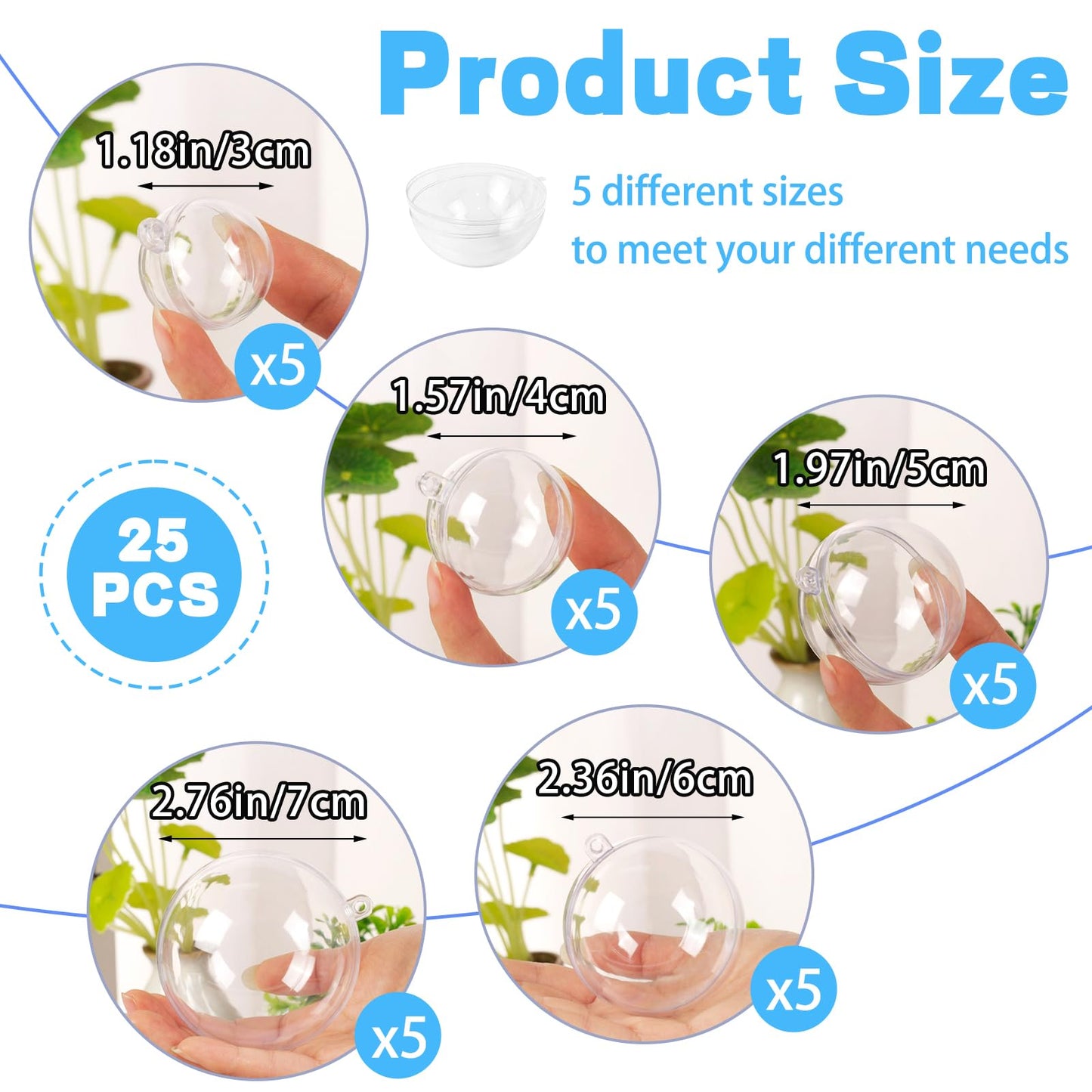 25 Set 50PCS Clear Plastic Fillable Ornaments,Transparent DIY Craft Ball,Clear DIY Christmas Ornament 5 Different Sizes for Wedding,Party,Home Decor