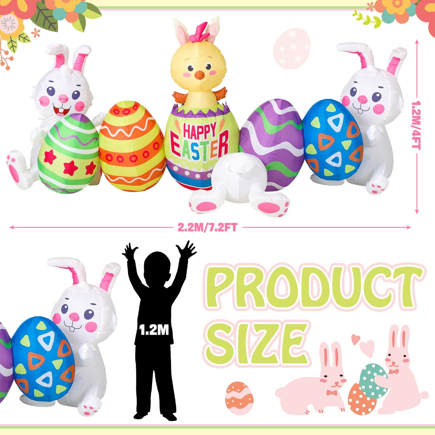 Shappy 7.2 ft Long Easter Inflatable Bunny Outdoor Decorations with Egg Chick Lighted Easter Bunny Blow up Yard Decorations, Built-in LED Lights for Outdoor Holiday Yard Garden Lawn Party