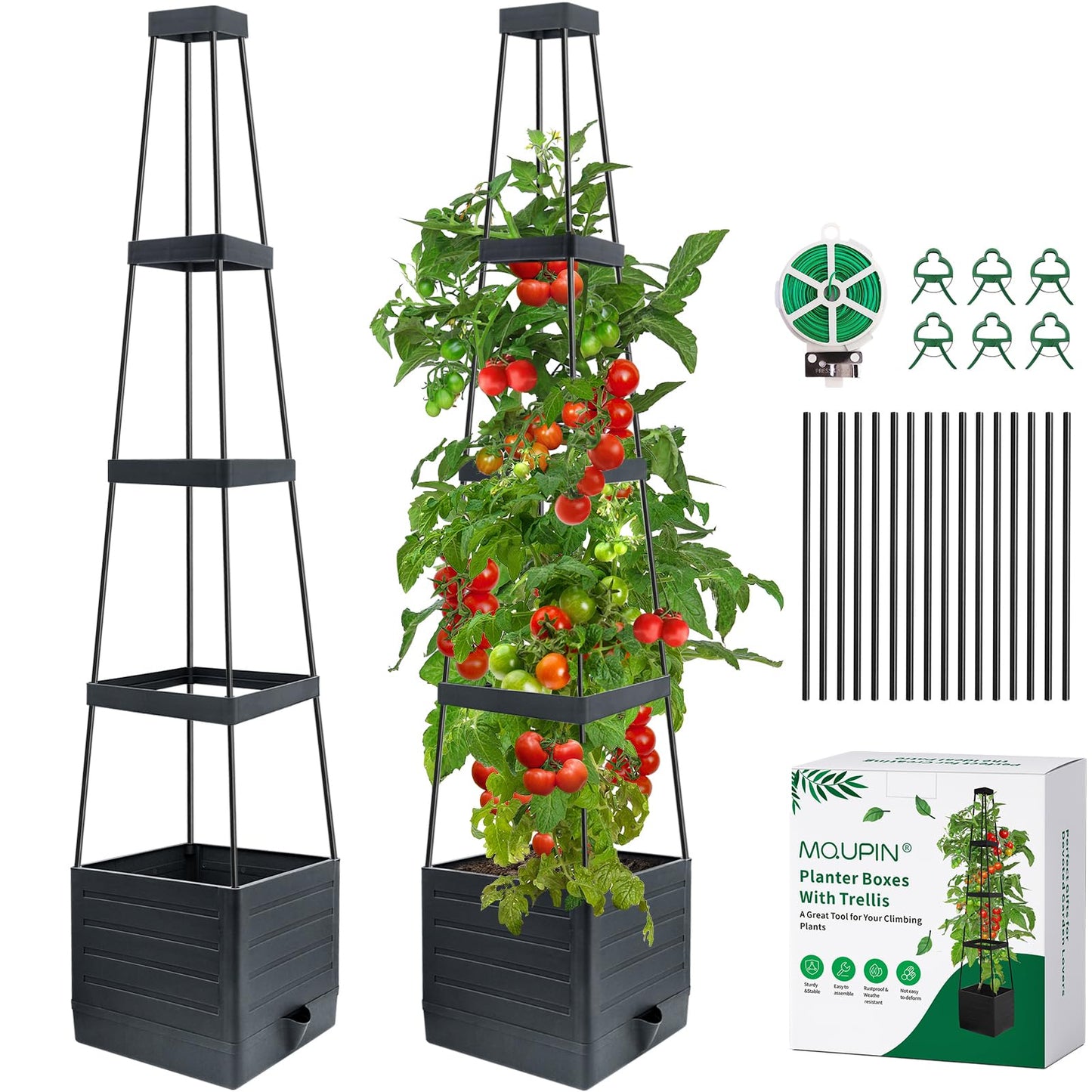 MQUPIN Tomato Planter Box with Trellis for Garden, 57 Inch Self-Watering Raised Garden Bed, Patio Tomato Cage for Climbing Vegetables & Flowers, Upgraded Tomato Pot for Indoor Outdoor Use (2 Pack)