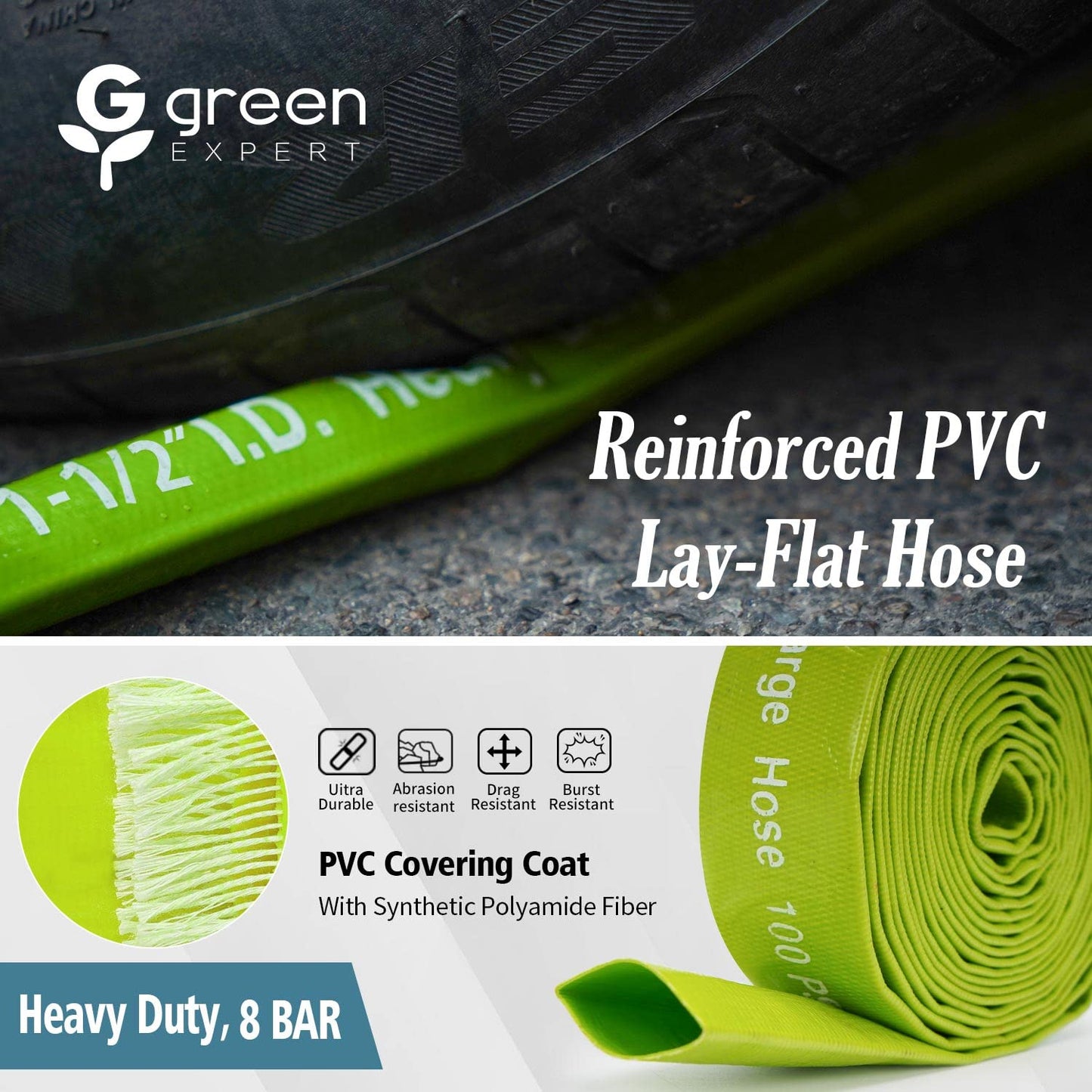 Green Expert 1.5 Inch ID PVC Lay-Flat Discharge Hose Sump Pump Accessory, 25 ft Basement Drain Hose for Water Removal, Steel Clamp Kit Included
