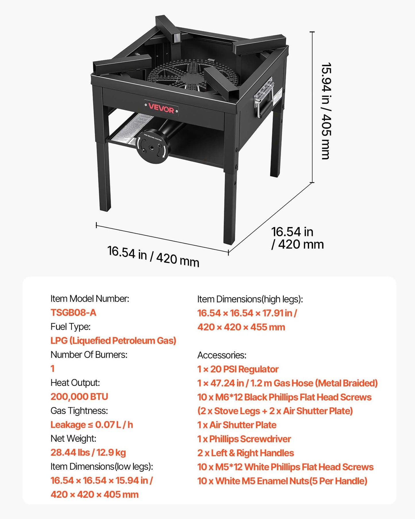VEVOR Single Burner Outdoor Propane Gas Stove, 200,000 BTU Propane LPG Gas Camping Stove, Heavy Duty Carbon Steel Outdoor Cooker, with Shield & 20 PSI Regulator, for BBQ Camp Home Patio Seafood Boil