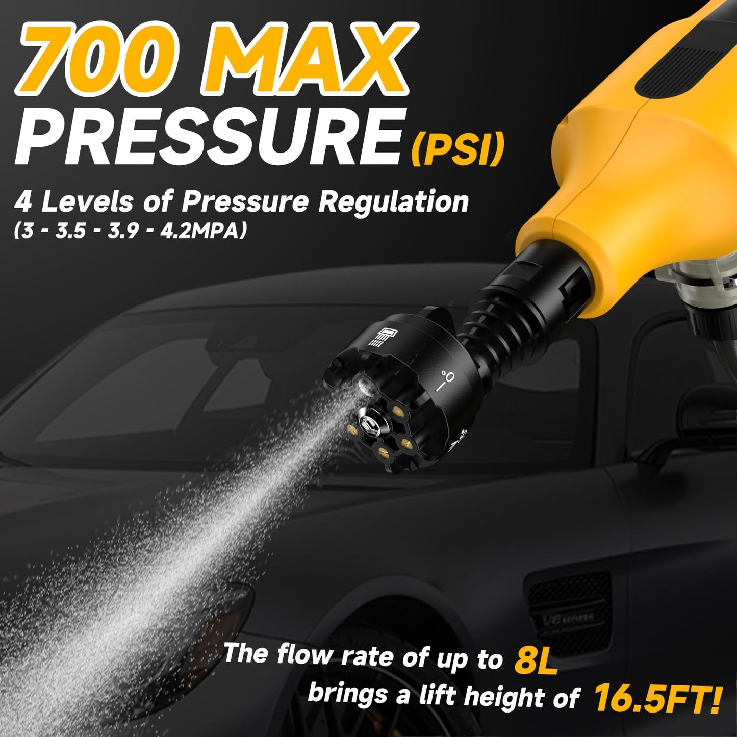 Cordless Portable Washer Compatible with Dewalt 20V Battery, 700 PSI Portable Handheld Cleaning Tool with Brushless Motor, 6-in-1 Nozzle, 4 Level Adjustable for Car Floor Fence Wall (Tool only)