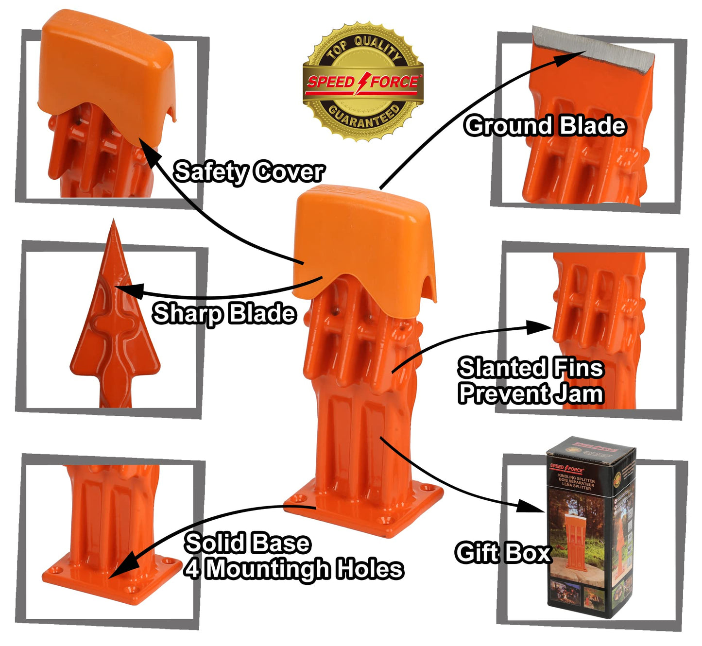 SPEED FORCE Firewood Kindling Log Wood Splitter – No Axe! Wedge Point Splits Firewood, 3 Inch Orange with Safety Cover
