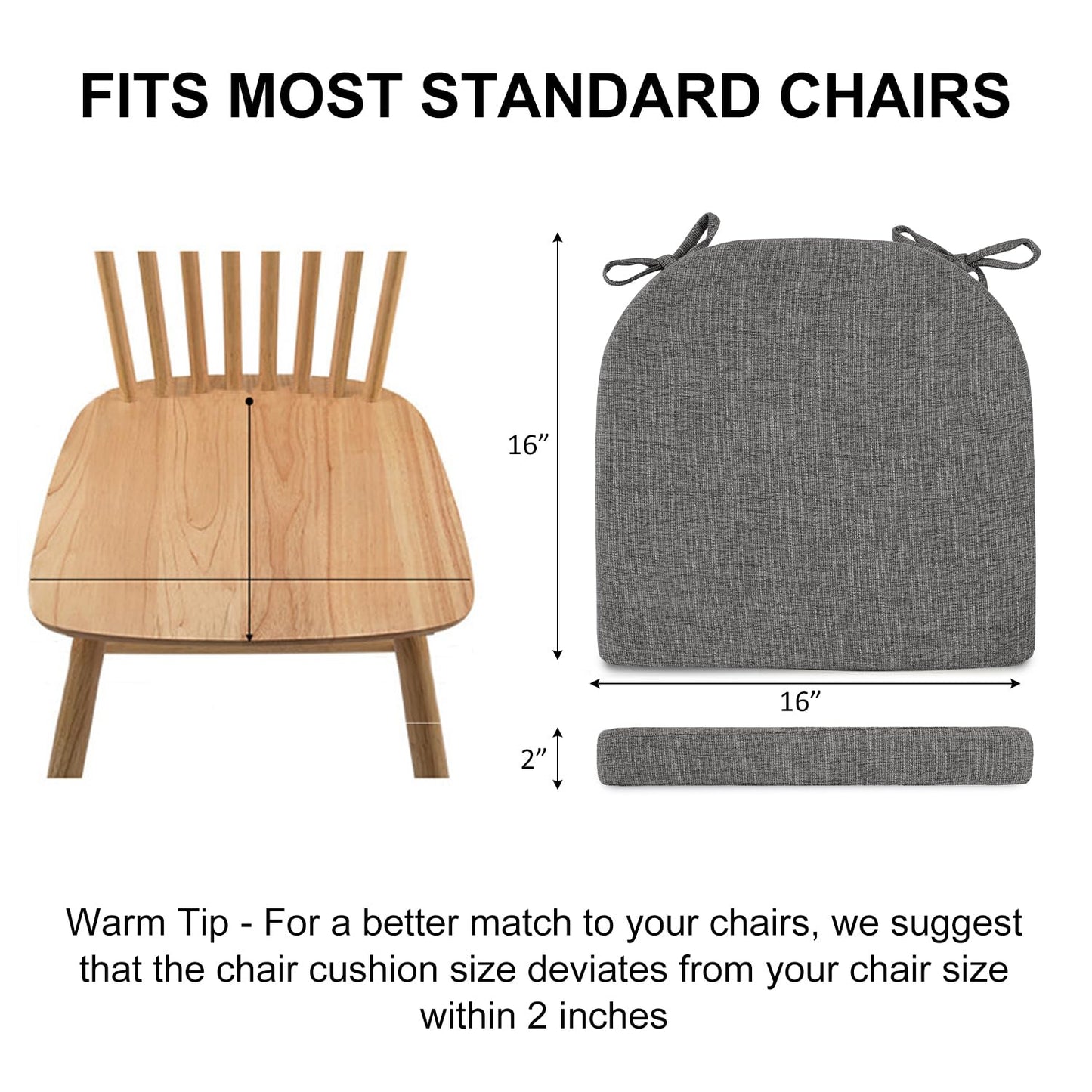 Wellsin Chair Cushions for Dining Chairs 6 Pack - Kitchen Chair Cushions with Ties and Non-Slip Backing - Dining Chair Pads 16"X16"X2", Dark Gray