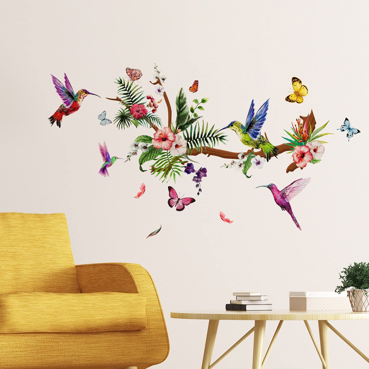 Zonon Hummingbirds Wall Decals Peel and Stick Birds Vinyl Wall Stickers Butterfly Flowers Colorful Hummingbird on the Tree Branch Flower Decals Garden Living Room Bedroom TV Decorations
