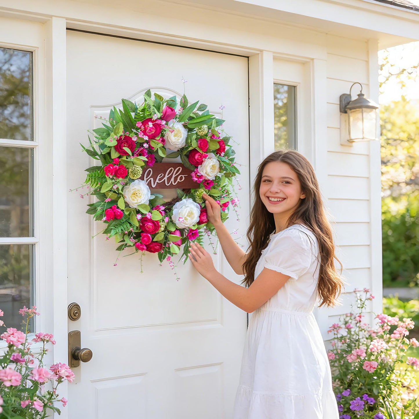 Pinkpuii Spring Wreaths for Front Door Outside– 24 Inch Spring Summer Wreath with Vibrant Pink Peony,Tulip & White Rose Flowers and Hello Wooden Sign,Ideal for Farnhouse Porch,Wall,Window Décor