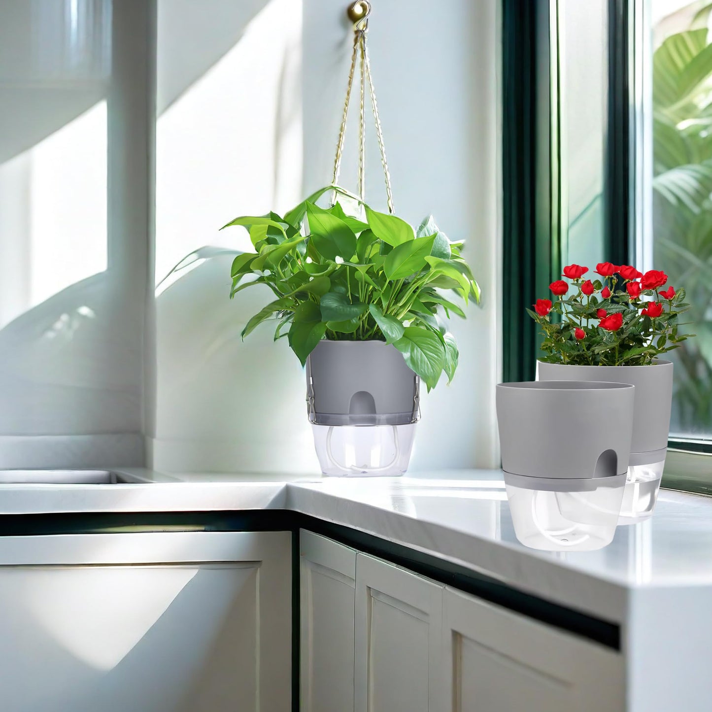 FAMZ Hanging Planter 3 Pack, Hanging Pots for Plants Indoor, 6 Inch Plant Hanger Indoor, Plant Hanger with 3 Hooks Drainage Holes for Garden Home Plant Pots (Gray)