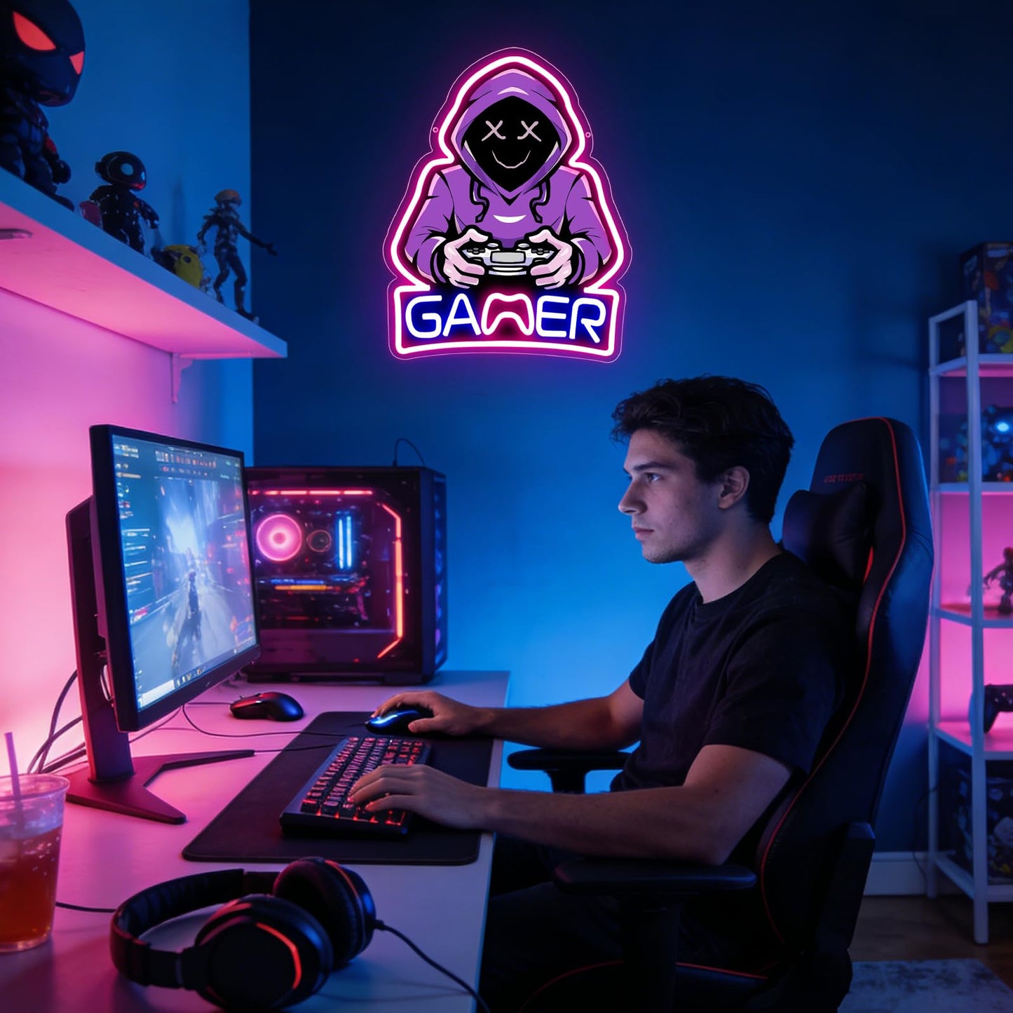 QEOICINH Gamer Neon Sign, Purple Hooded Gamer Neon Signs for Wall Decor,Gamer Room Decor for Boys, Teenage Boy Gifts, Gamer Gifts, Wall Light for Game Room, Man Cave