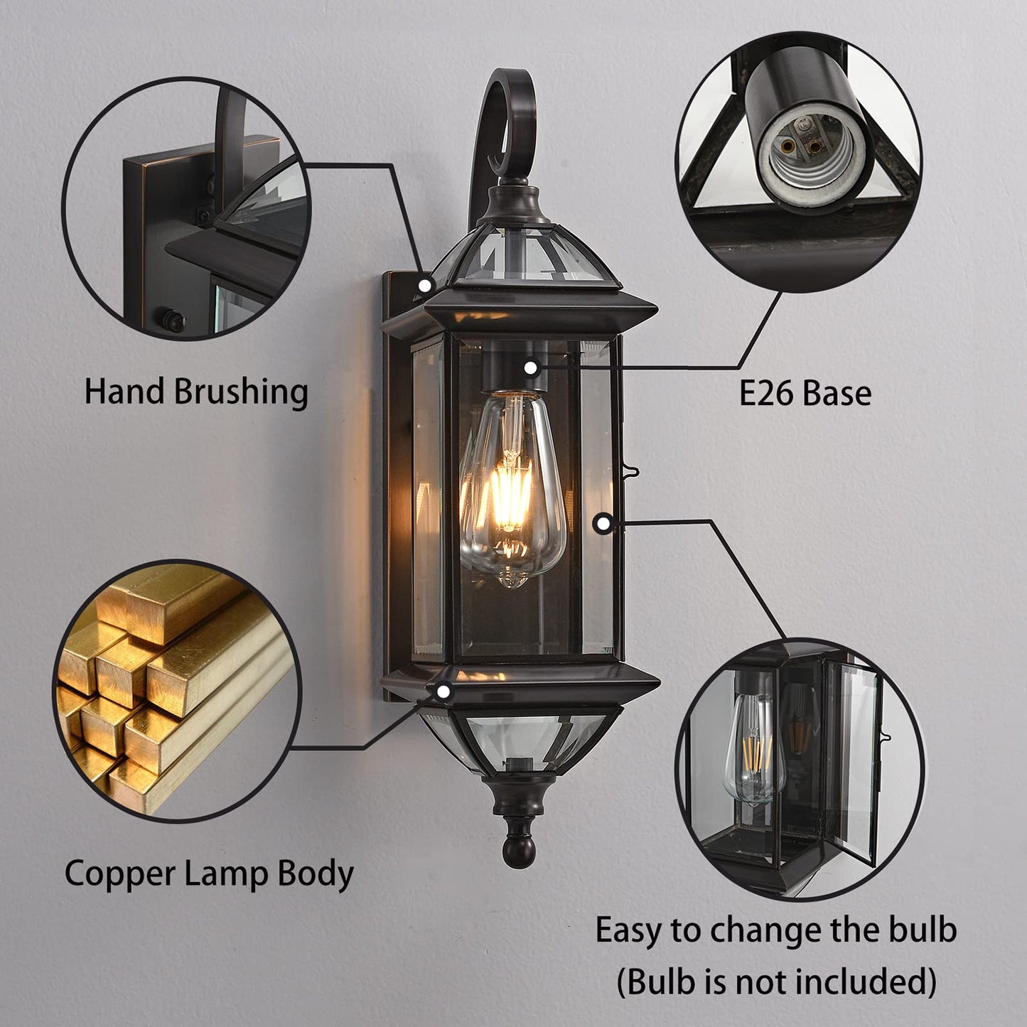 Milaii 18.5" H Copper Outdoor Wall Lights Exterior Waterproof Wall Sconce Light Fixture E26 Socket Oil Rubbed Bronze Porch Light with Clear Glass Lantern Wall Lamp for Front Porch Garage Patio