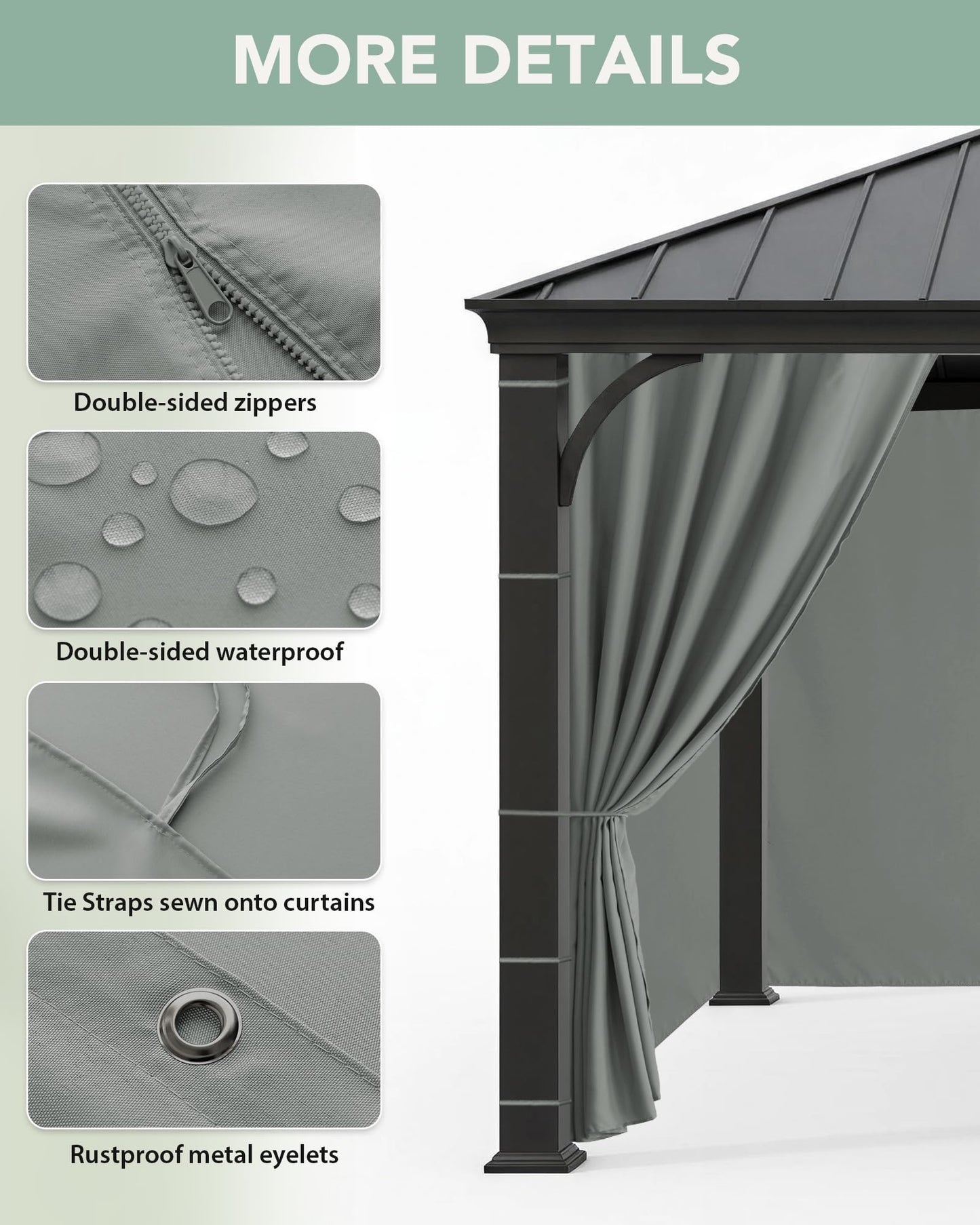 RichSets Gazebo Curtains Outdoor Waterproof - 10'Wx10'Lx7'H Weatherproof Patio Pergola Outside Curtains, Gazebo Universal Replacement Privacy Curtains, 4 Panels Sidewall Drapes with Zipper, Grey